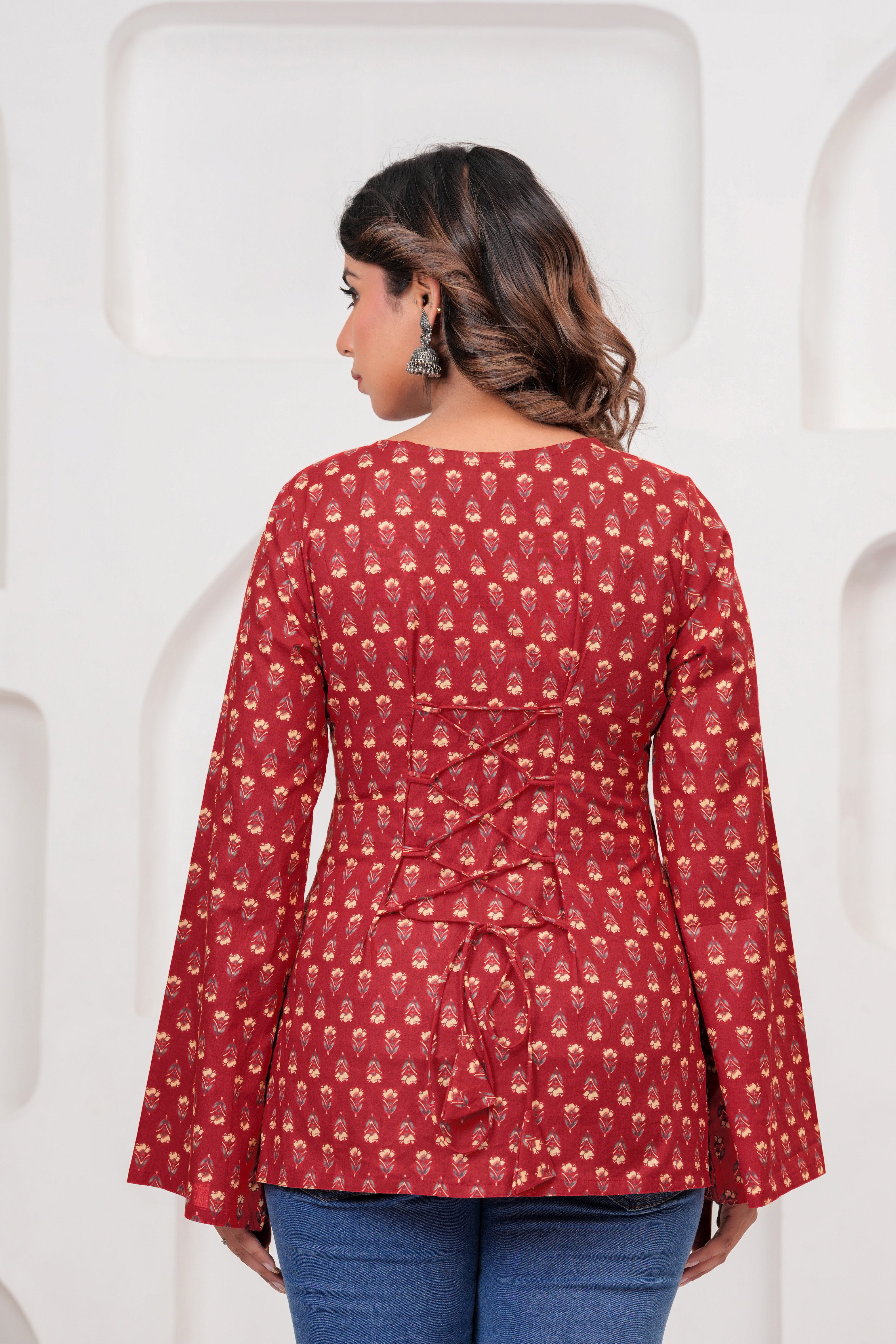 Jaipur Tales Women’s Ruby Red Printed Lace-Back Kurti | Stylish Cotton Casual Kurti