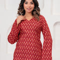 Jaipur Tales Women’s Ruby Red Printed Lace-Back Kurti | Stylish Cotton Casual Kurti