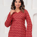 Jaipur Tales Women’s Ruby Red Printed Lace-Back Kurti | Stylish Cotton Casual Kurti