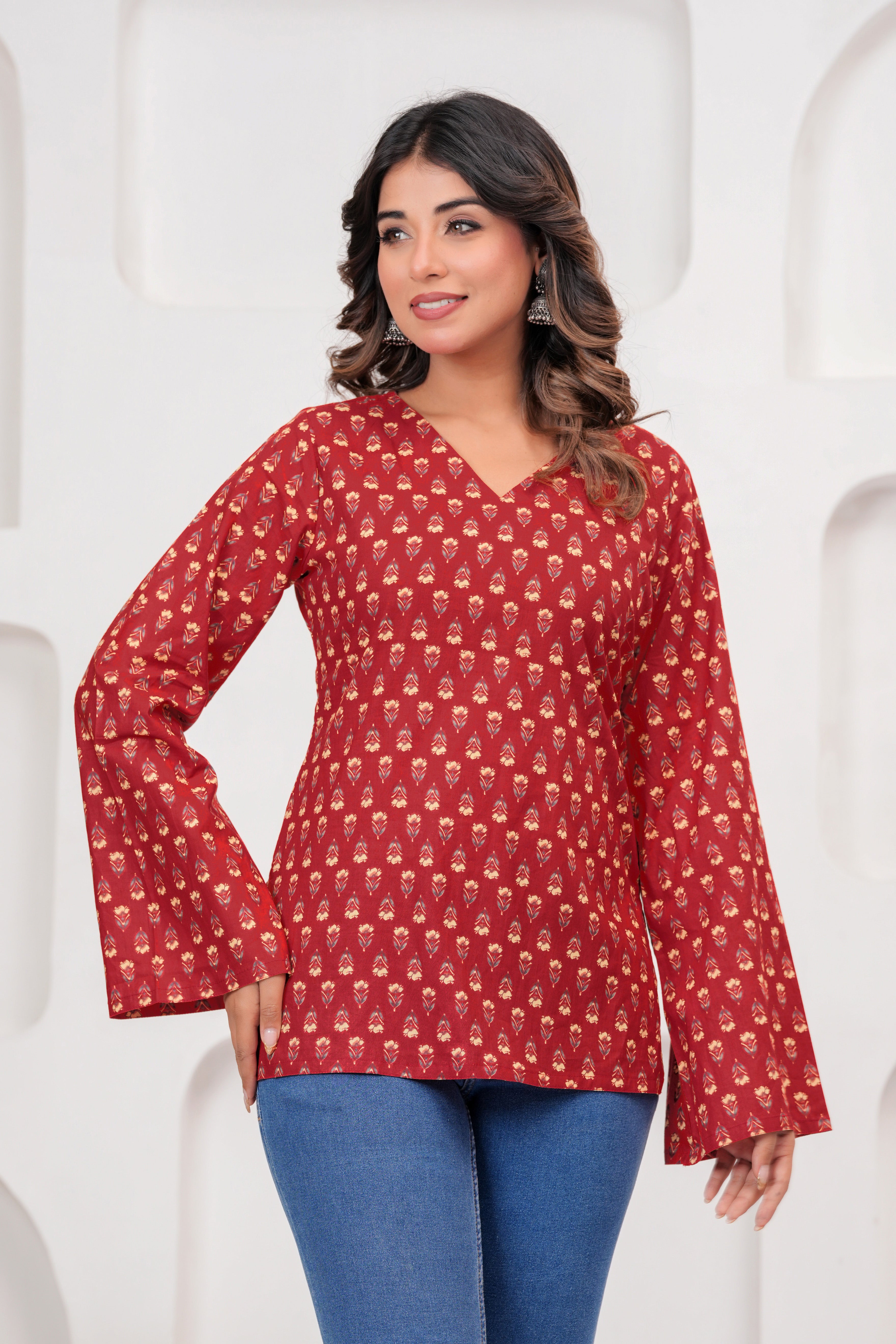 Jaipur Tales Women’s Ruby Red Printed Lace-Back Kurti | Stylish Cotton Casual Kurti