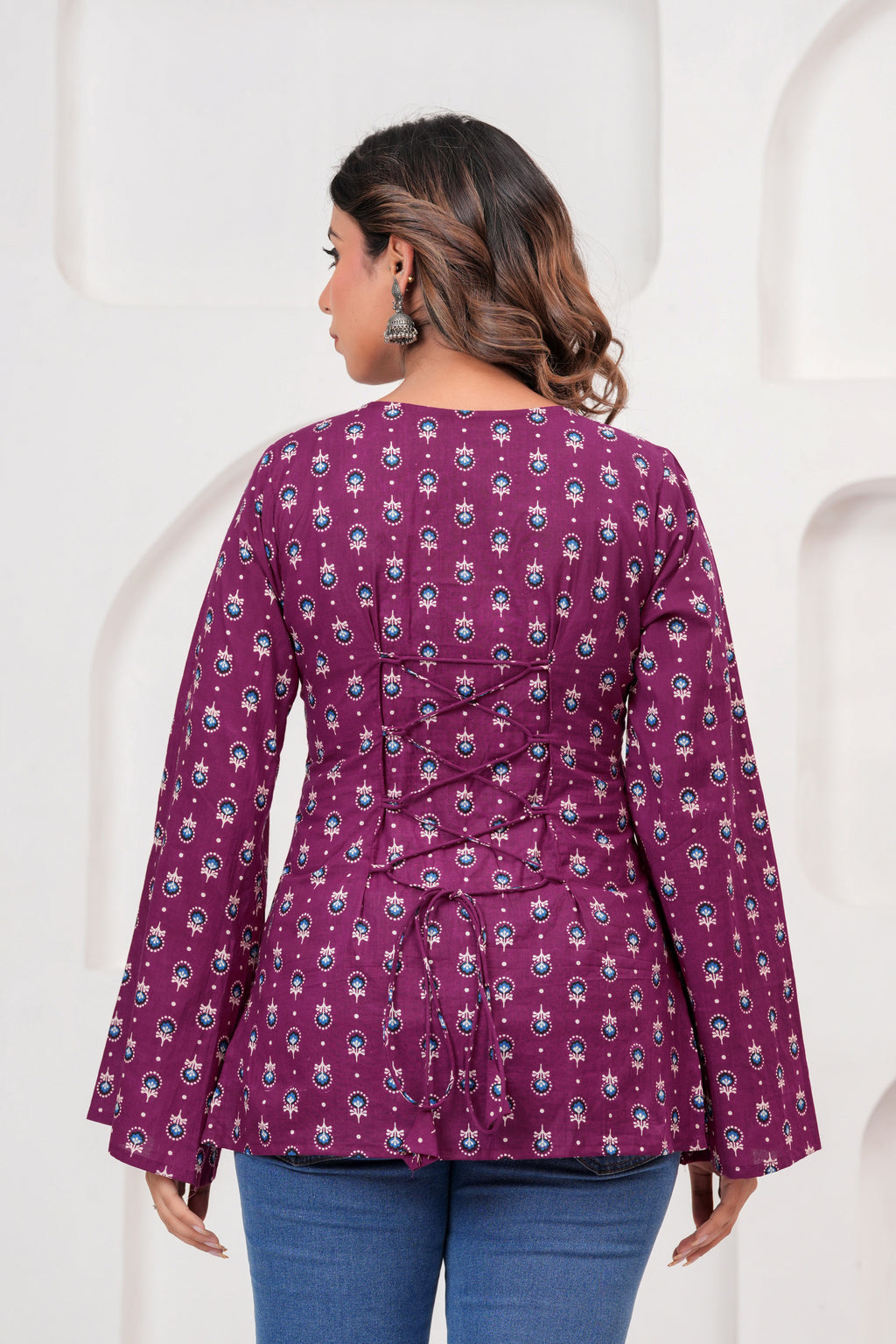 Jaipur Tales Women’s Royal Plum Printed Lace-Back Kurti | Elegant Cotton Casual Kurti
