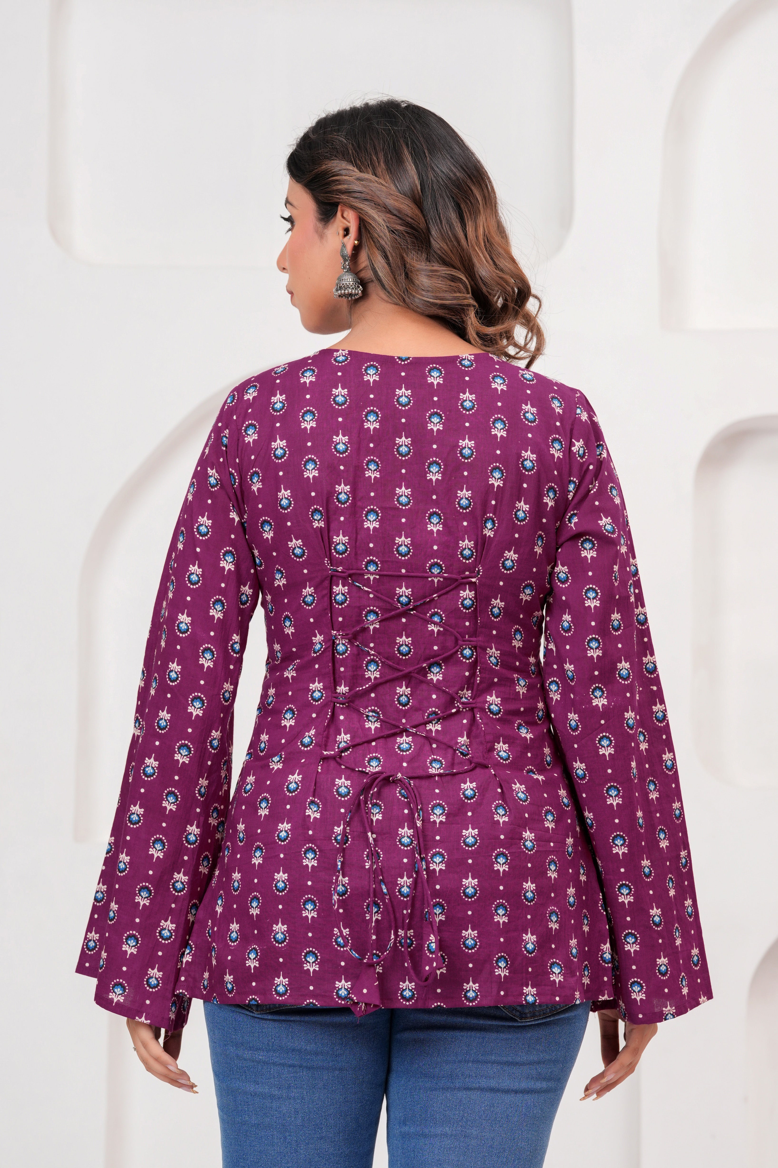 Jaipur Tales Women’s Royal Plum Printed Lace-Back Kurti | Elegant Cotton Casual Kurti
