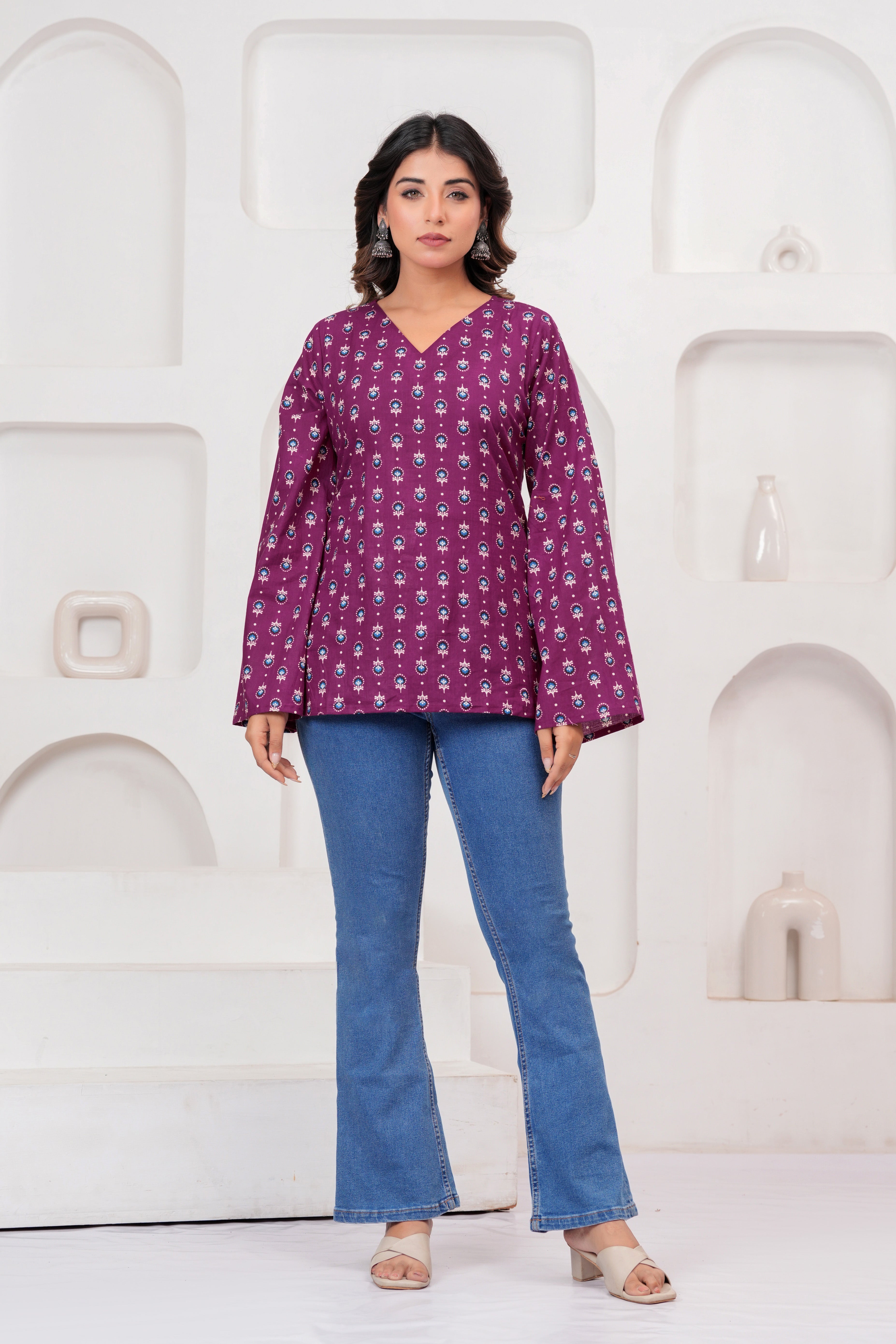 Jaipur Tales Women’s Royal Plum Printed Lace-Back Kurti | Elegant Cotton Casual Kurti