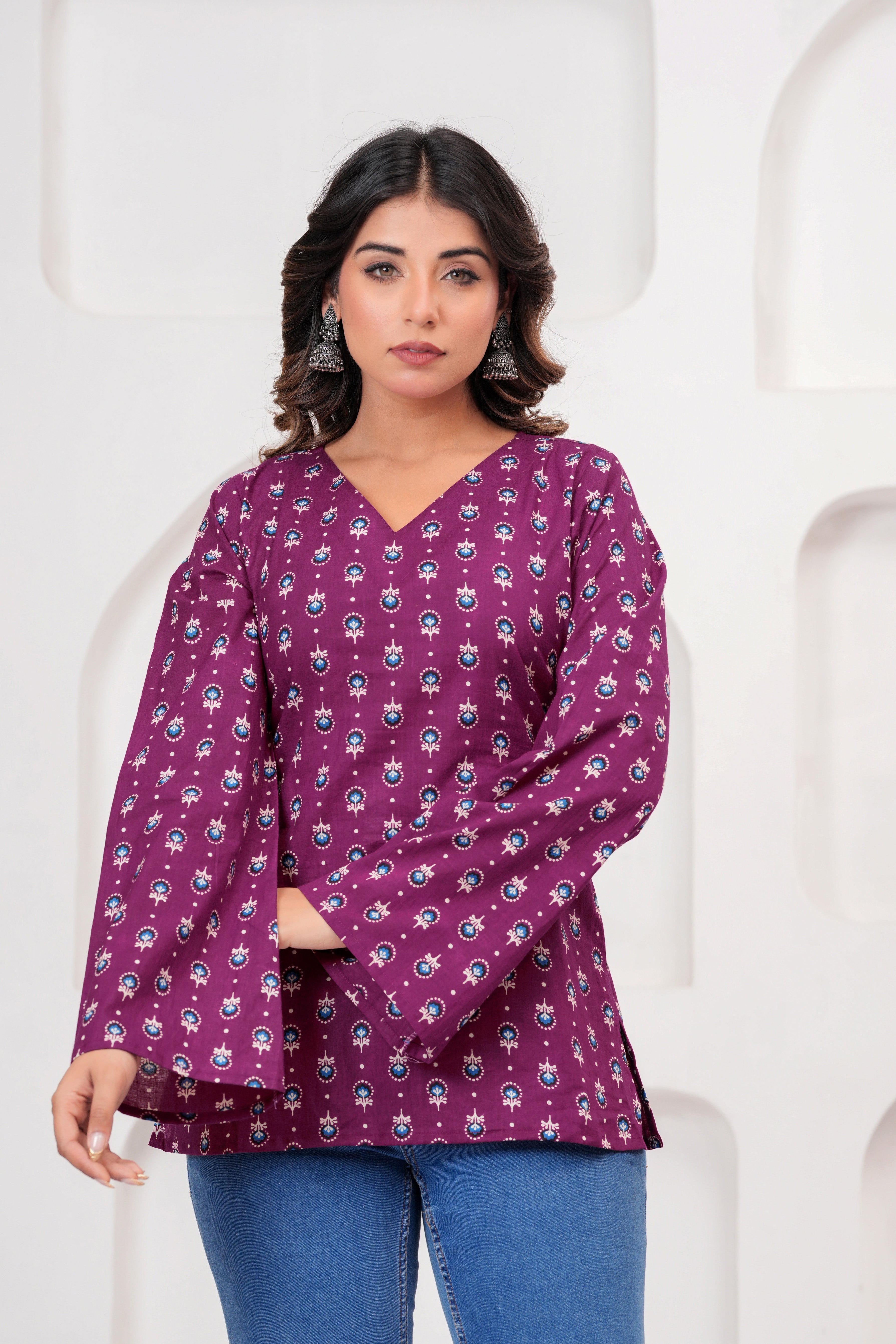 Jaipur Tales Women’s Royal Plum Printed Lace-Back Kurti | Elegant Cotton Casual Kurti
