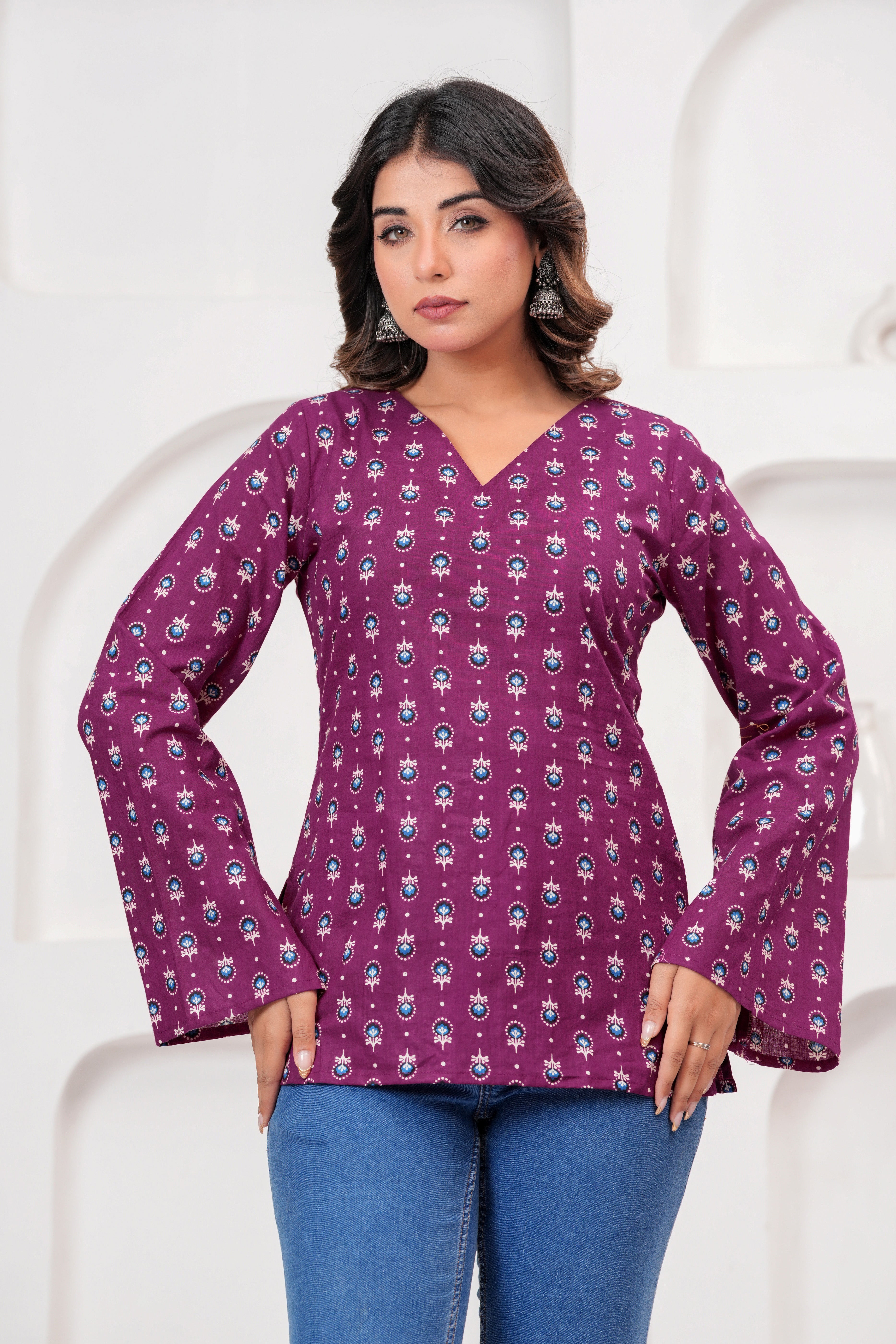 Jaipur Tales Women’s Royal Plum Printed Lace-Back Kurti | Elegant Cotton Casual Kurti