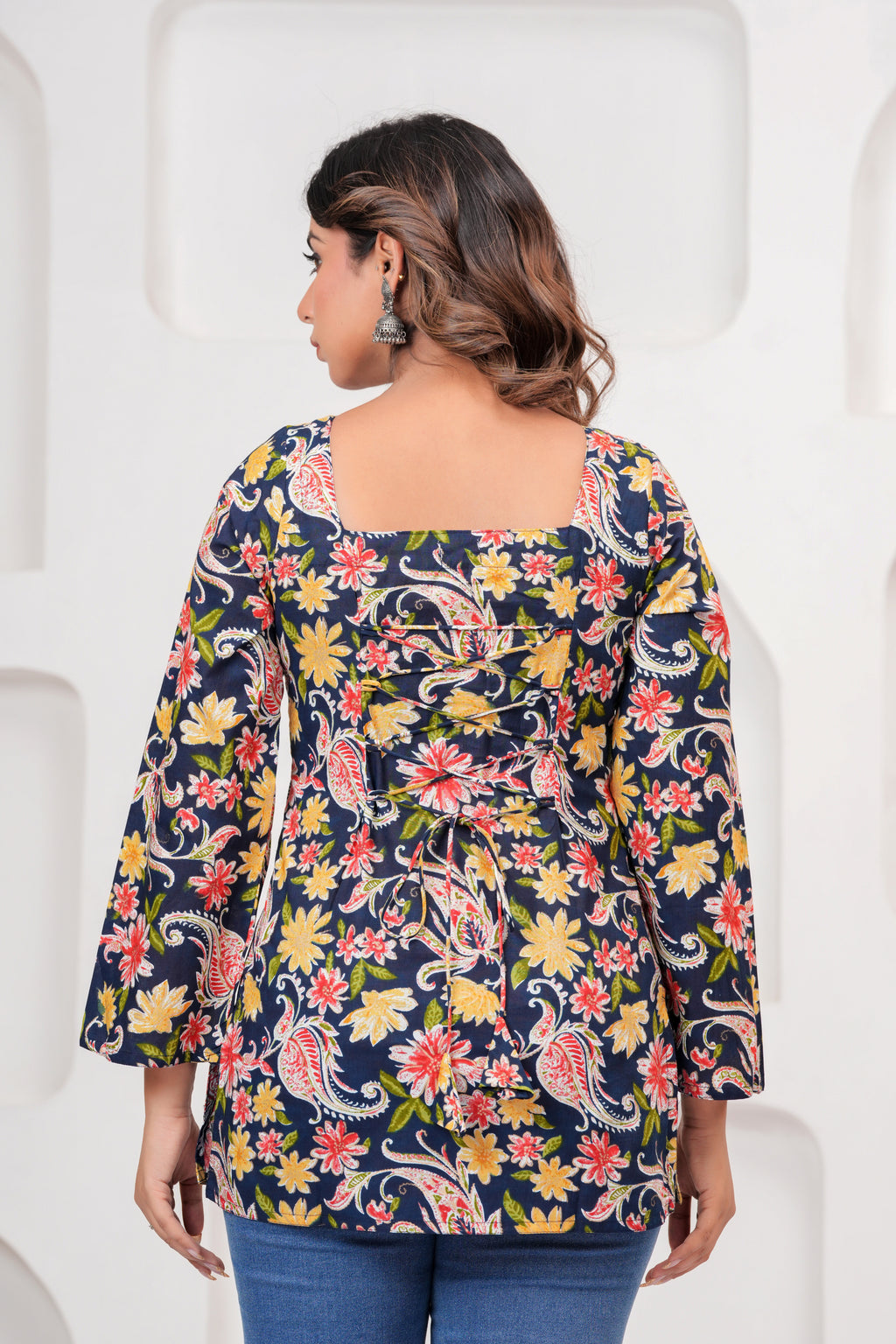 Jaipur Tales Women’s Midnight Blue Floral Printed Lace-Back Kurti | Stylish Cotton Casual Kurti