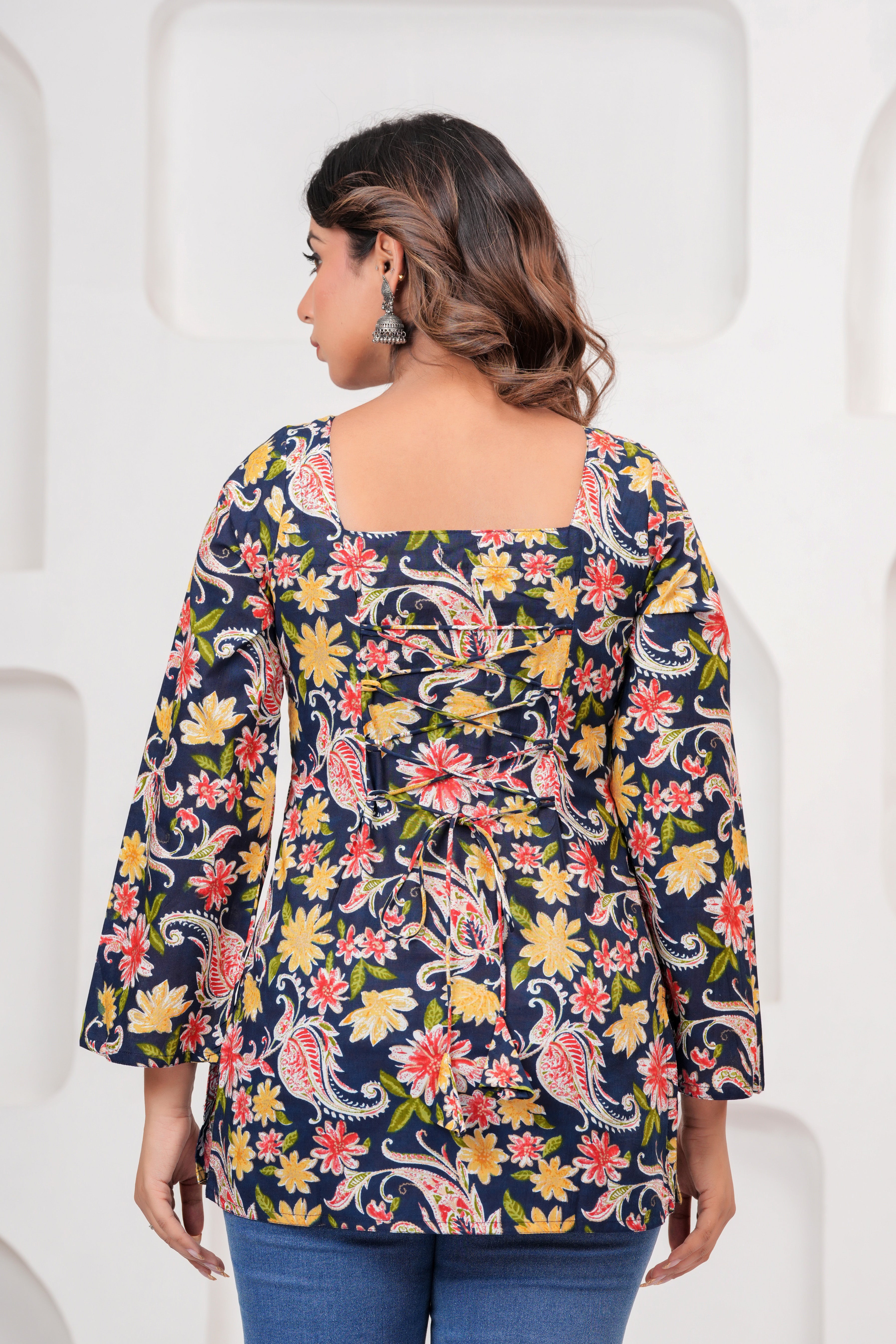Jaipur Tales Women’s Midnight Blue Floral Printed Lace-Back Kurti | Stylish Cotton Casual Kurti
