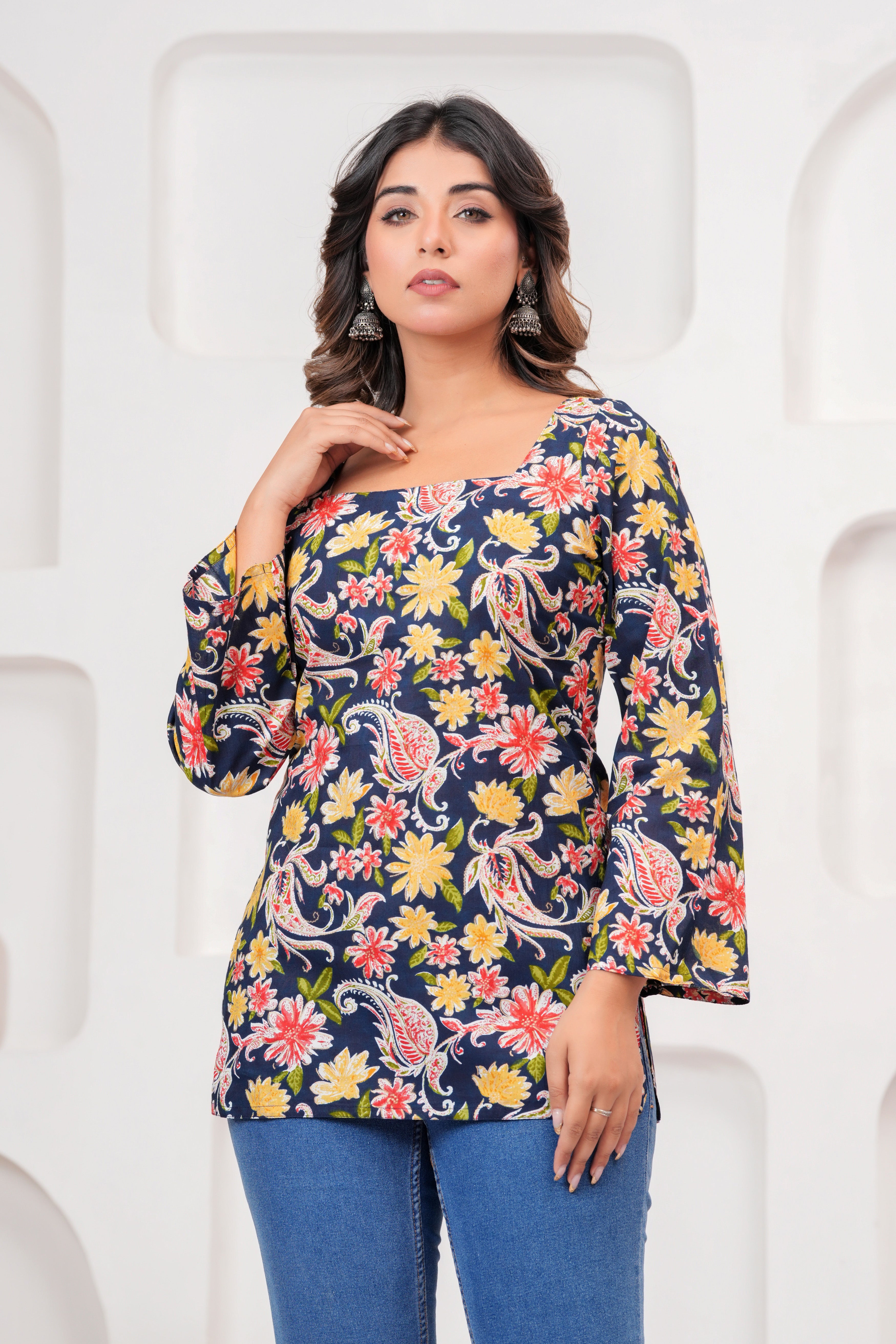 Jaipur Tales Women’s Midnight Blue Floral Printed Lace-Back Kurti | Stylish Cotton Casual Kurti