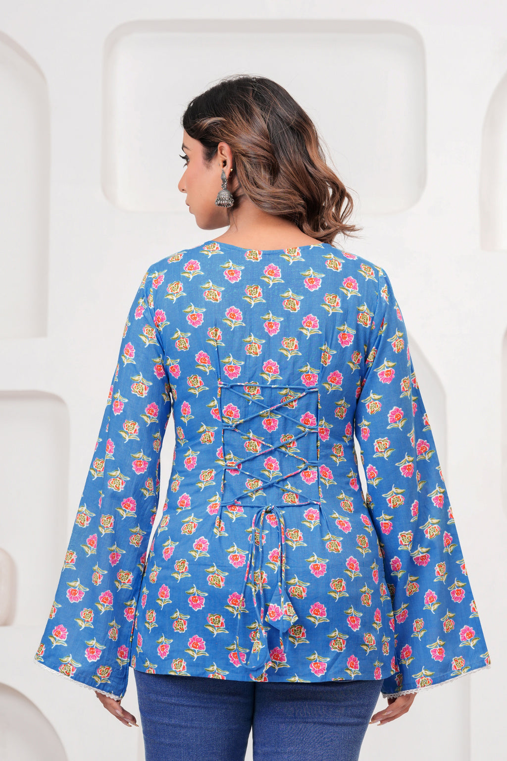 Jaipur Tales Women’s Sky Blue Floral Printed Cotton Top | V-Neck Lace-Up Back Boho Blouse