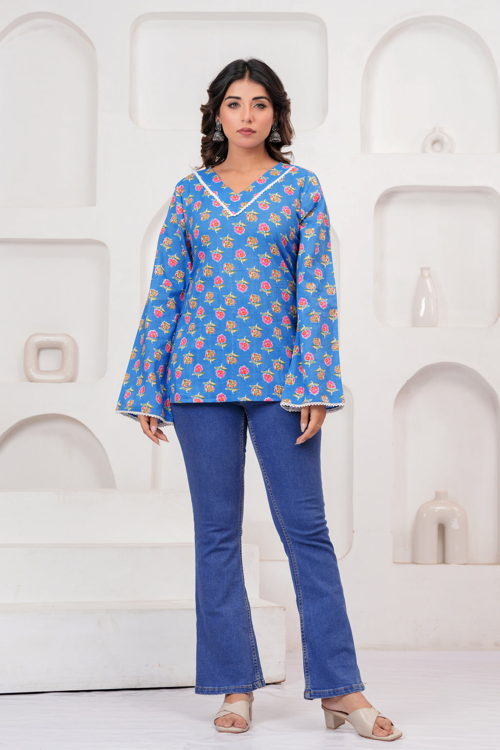 Jaipur Tales Women’s Sky Blue Floral Printed Cotton Top | V-Neck Lace-Up Back Boho Blouse