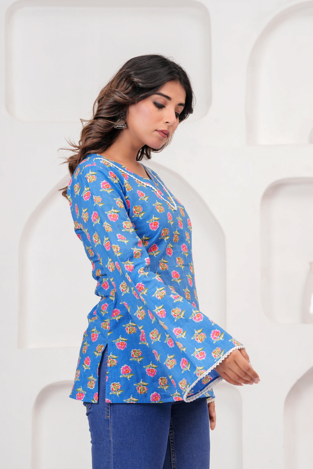 Jaipur Tales Women’s Sky Blue Floral Printed Cotton Top | V-Neck Lace-Up Back Boho Blouse
