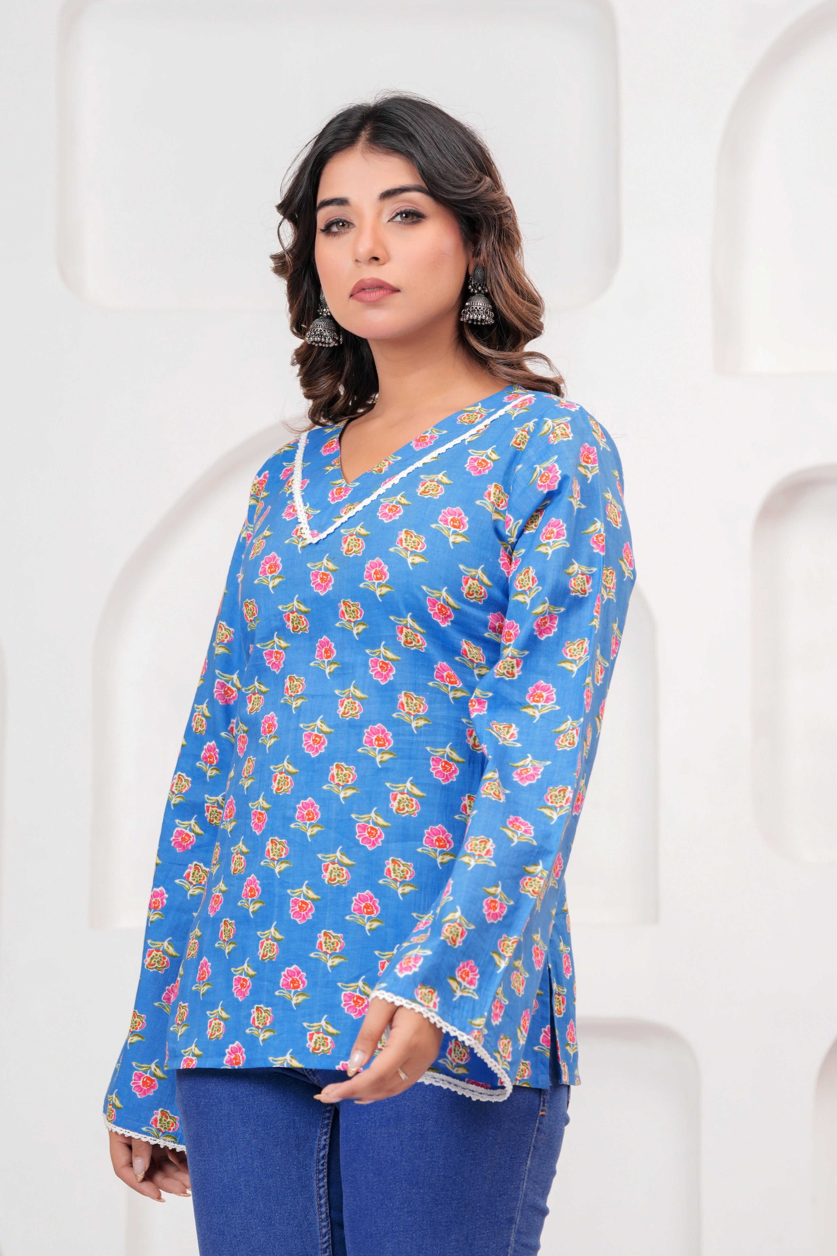 Jaipur Tales Women’s Sky Blue Floral Printed Cotton Top | V-Neck Lace-Up Back Boho Blouse