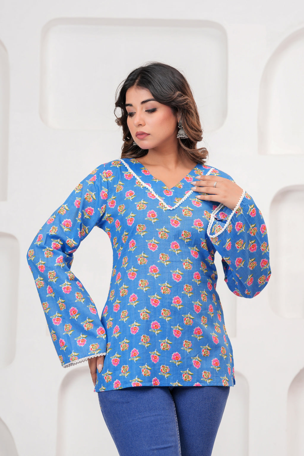 Jaipur Tales Women’s Sky Blue Floral Printed Cotton Top | V-Neck Lace-Up Back Boho Blouse