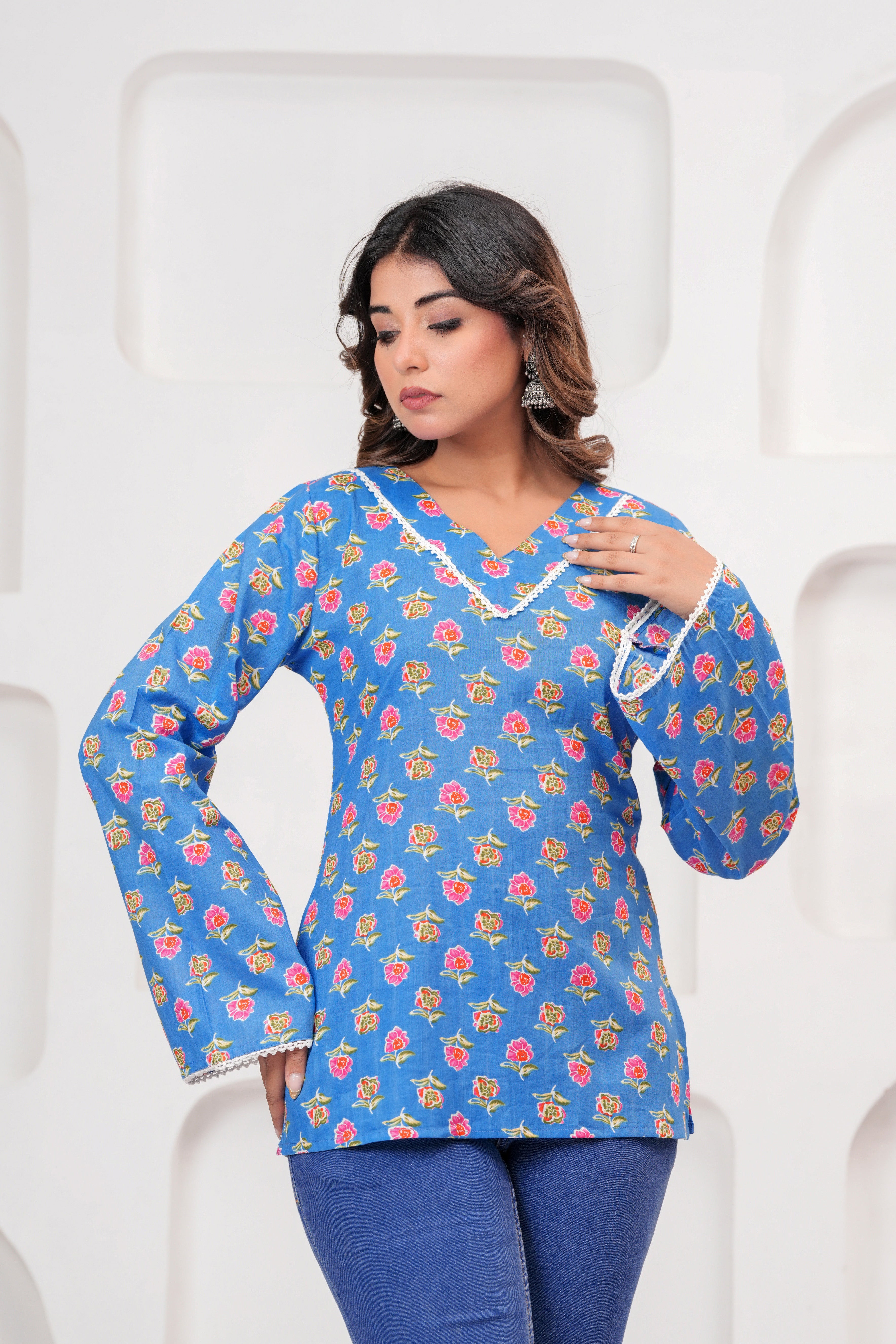Jaipur Tales Women’s Sky Blue Floral Printed Cotton Top | V-Neck Lace-Up Back Boho Blouse