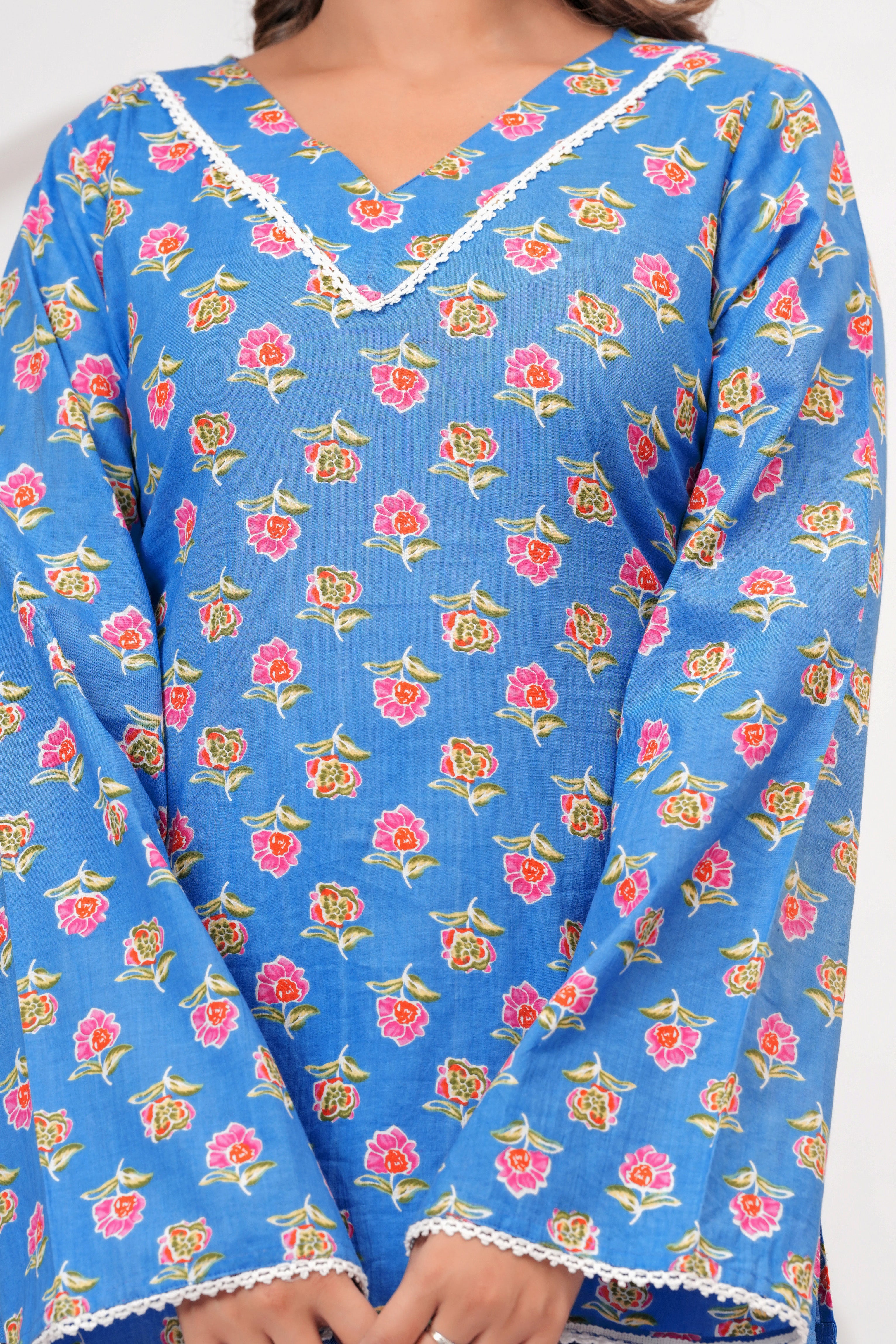 Jaipur Tales Women’s Sky Blue Floral Printed Cotton Top | V-Neck Lace-Up Back Boho Blouse