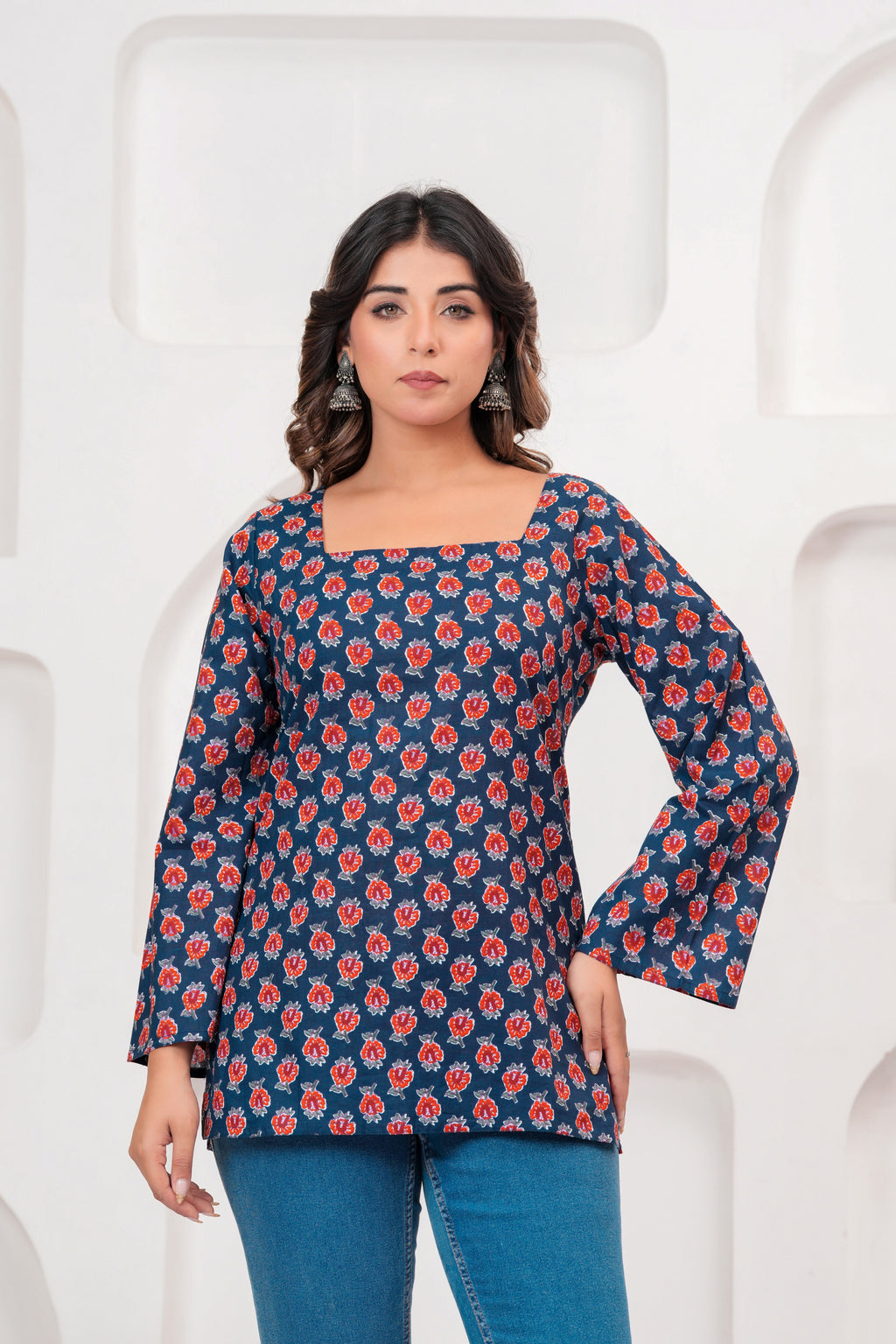 Jaipur Tales Women’s Midnight Blue Floral Printed Lace-Back Kurti | Elegant Cotton Casual Kurti