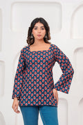 Jaipur Tales Women’s Midnight Blue Floral Printed Lace-Back Kurti | Elegant Cotton Casual Kurti