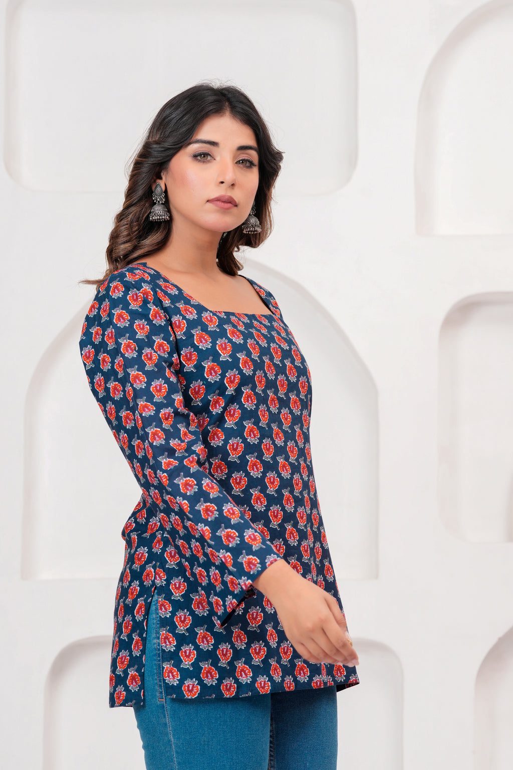 Jaipur Tales Women’s Midnight Blue Floral Printed Lace-Back Kurti | Elegant Cotton Casual Kurti