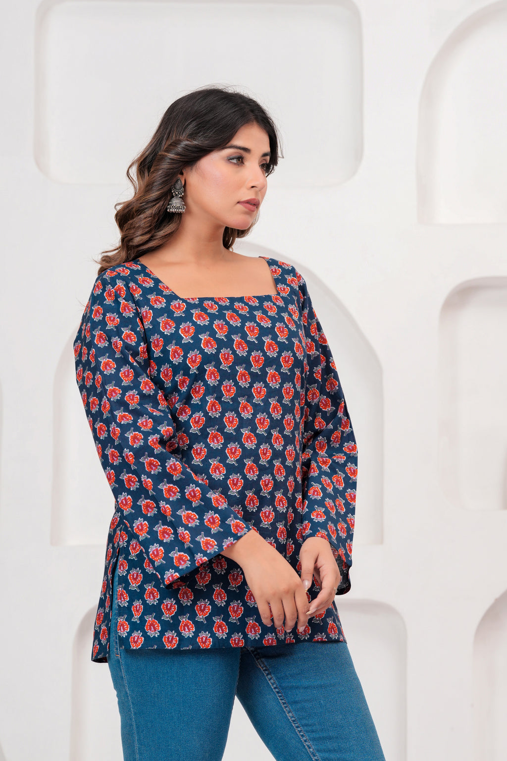Jaipur Tales Women’s Midnight Blue Floral Printed Lace-Back Kurti | Elegant Cotton Casual Kurti