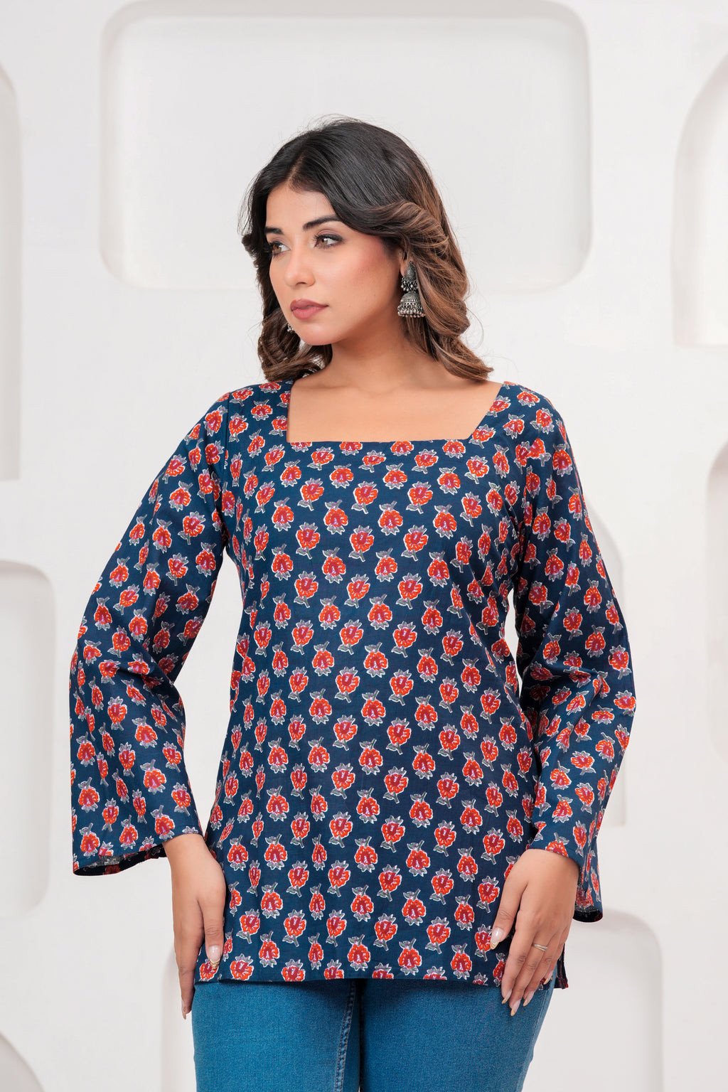 Jaipur Tales Women’s Midnight Blue Floral Printed Lace-Back Kurti | Elegant Cotton Casual Kurti