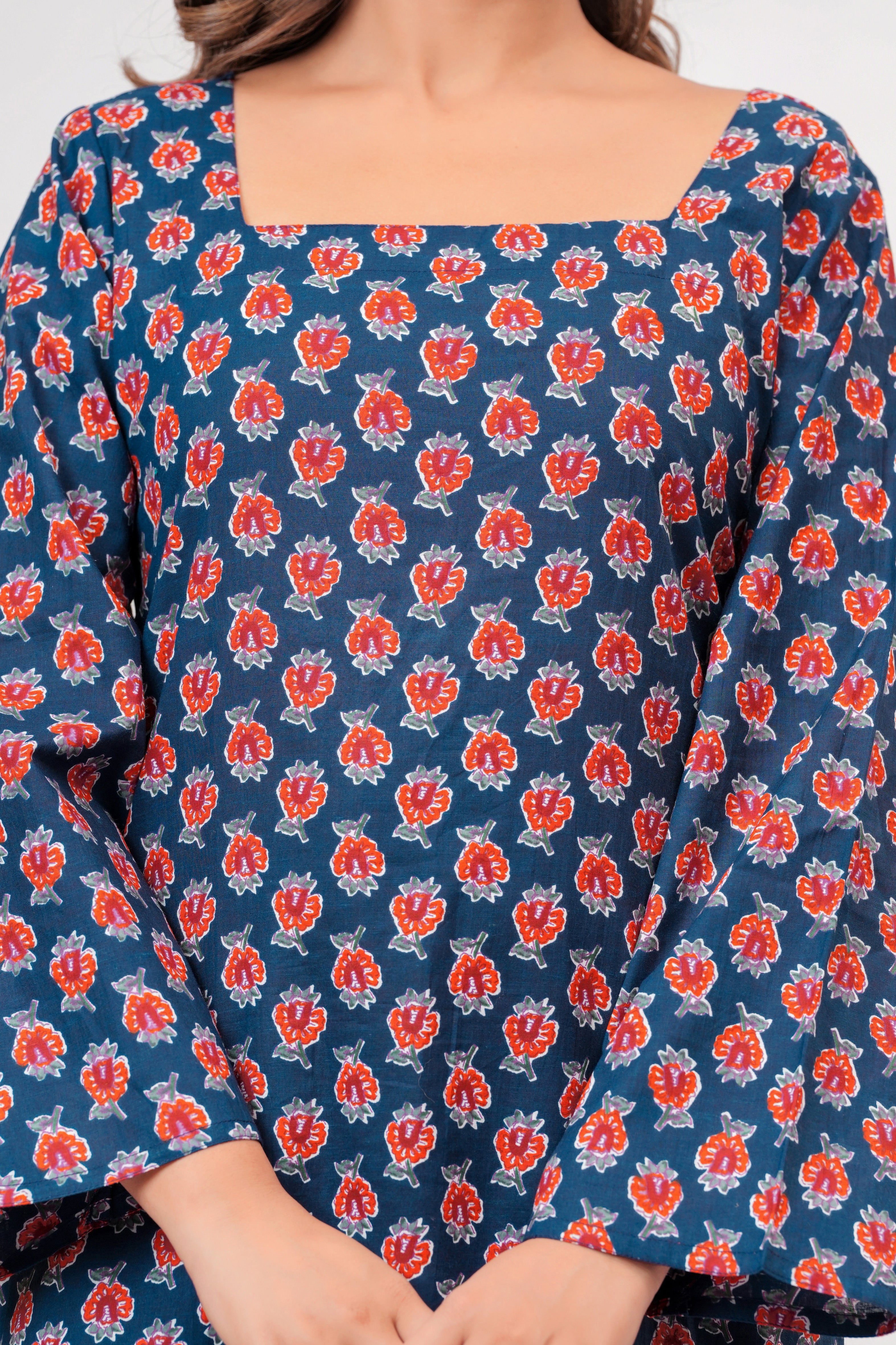Jaipur Tales Women’s Midnight Blue Floral Printed Lace-Back Kurti | Elegant Cotton Casual Kurti