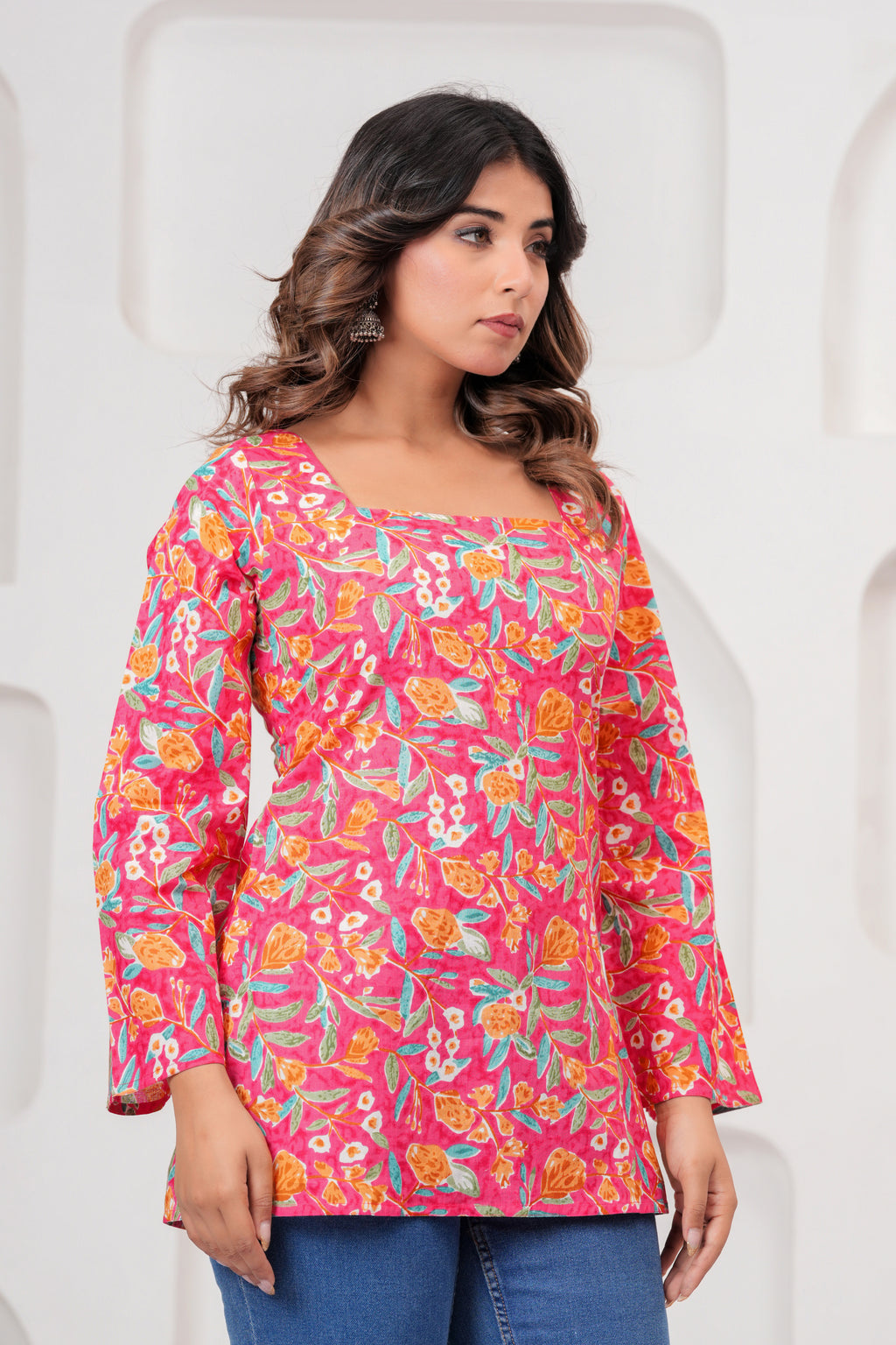 Jaipur Tales Women’s Rose Pink Floral Printed Lace-Back Kurti | Stylish Cotton Casual Kurti