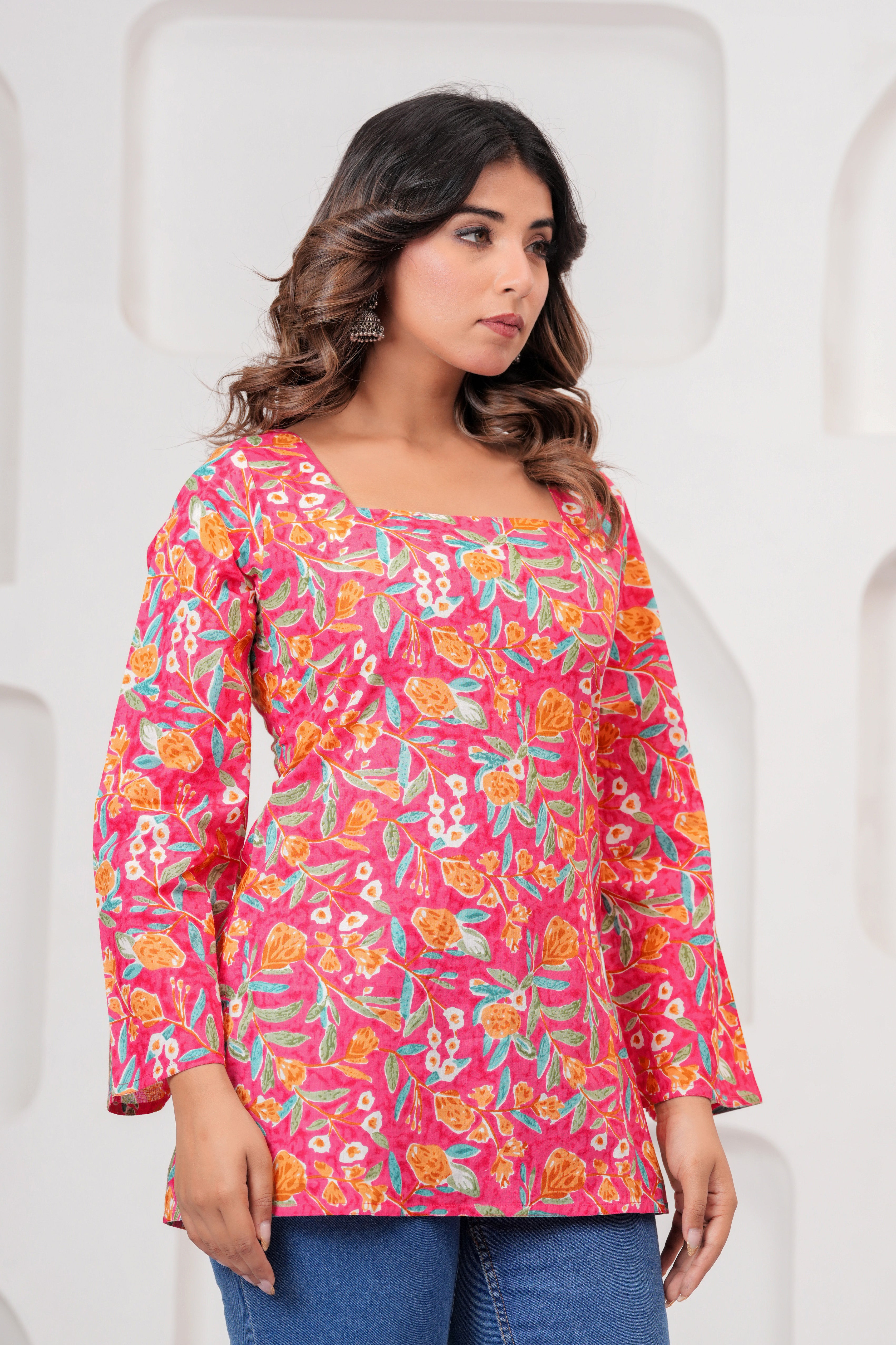 Jaipur Tales Women’s Rose Pink Floral Printed Lace-Back Kurti | Stylish Cotton Casual Kurti