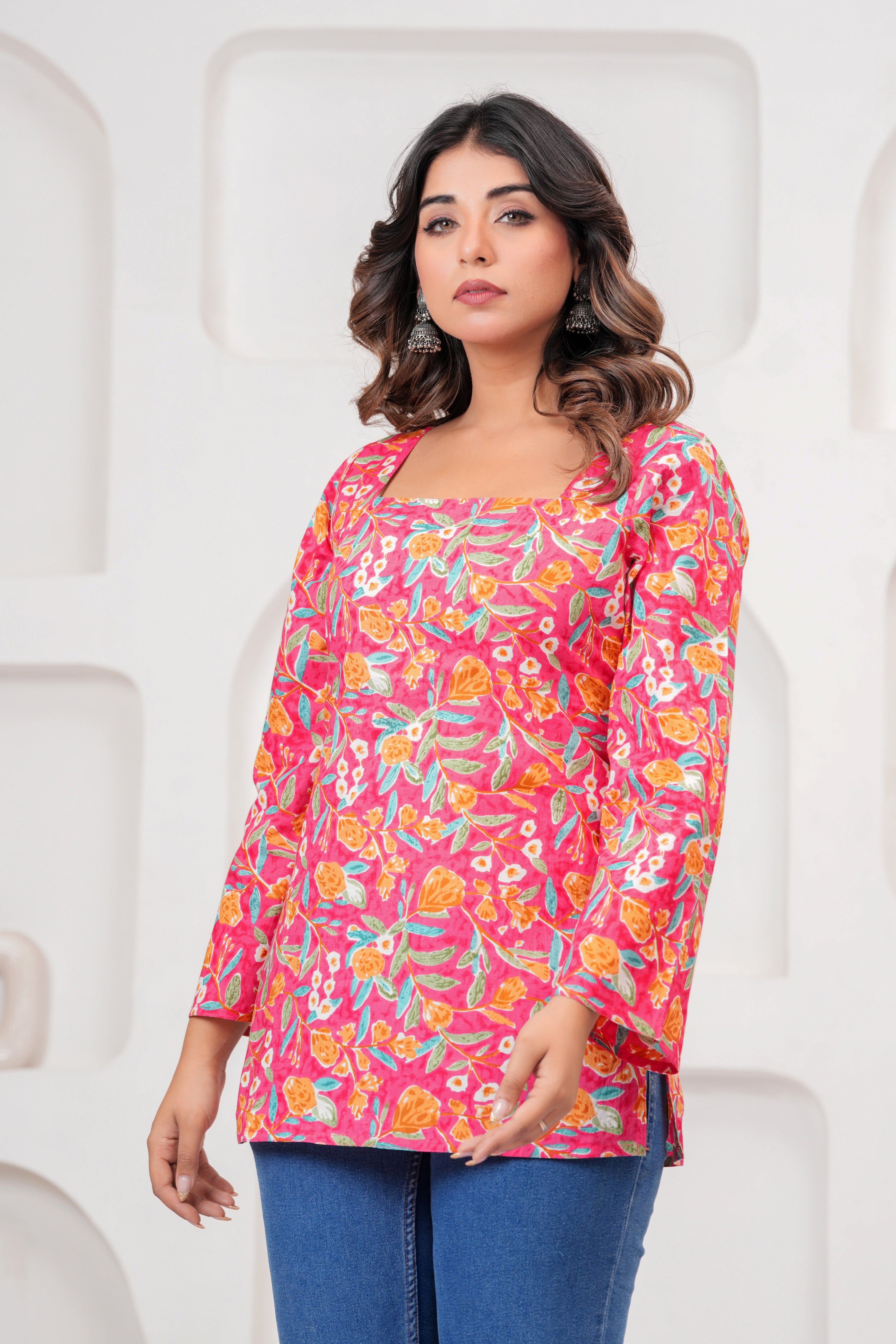Jaipur Tales Women’s Rose Pink Floral Printed Lace-Back Kurti | Stylish Cotton Casual Kurti