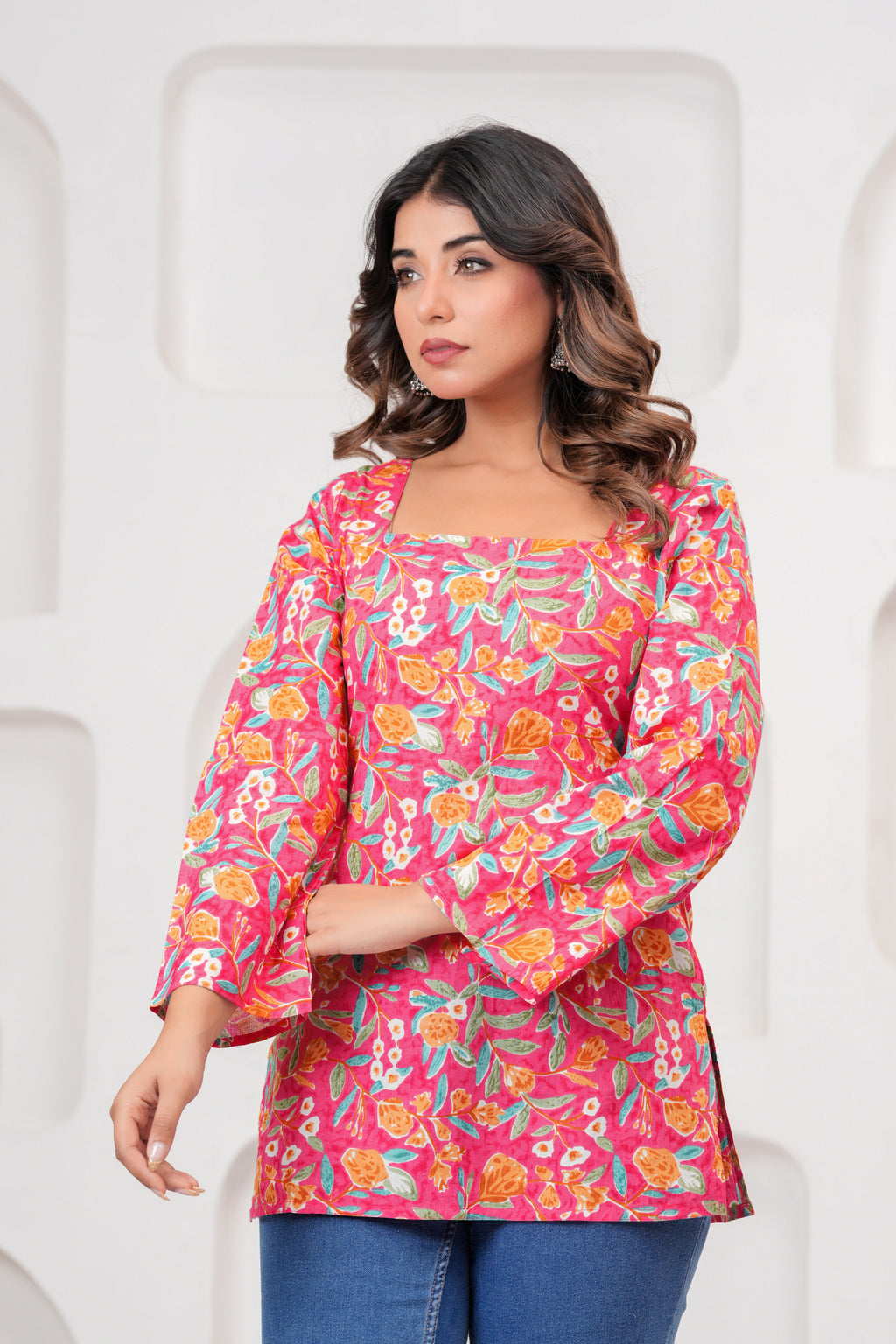 Jaipur Tales Women’s Rose Pink Floral Printed Lace-Back Kurti | Stylish Cotton Casual Kurti