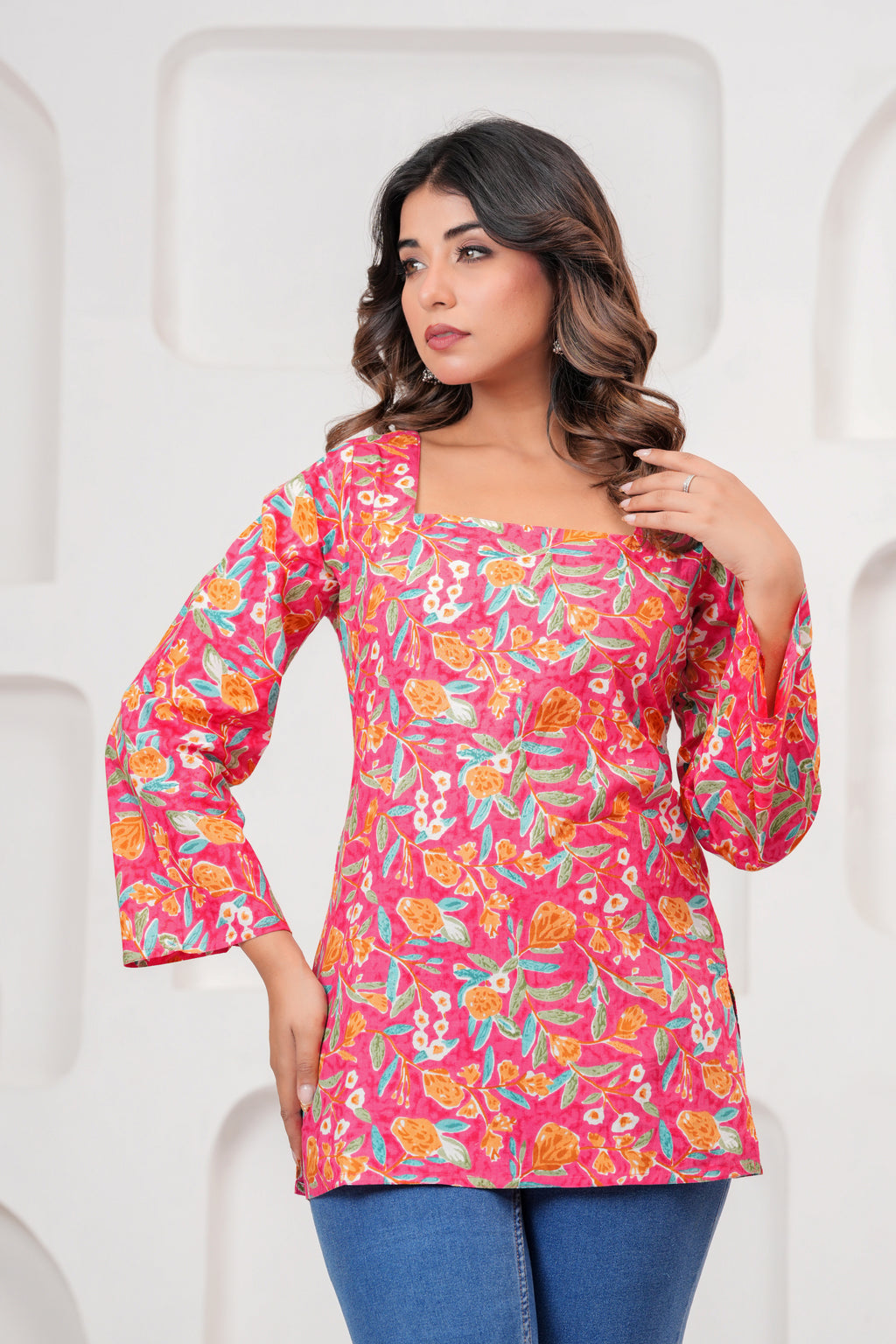 Jaipur Tales Women’s Rose Pink Floral Printed Lace-Back Kurti | Stylish Cotton Casual Kurti