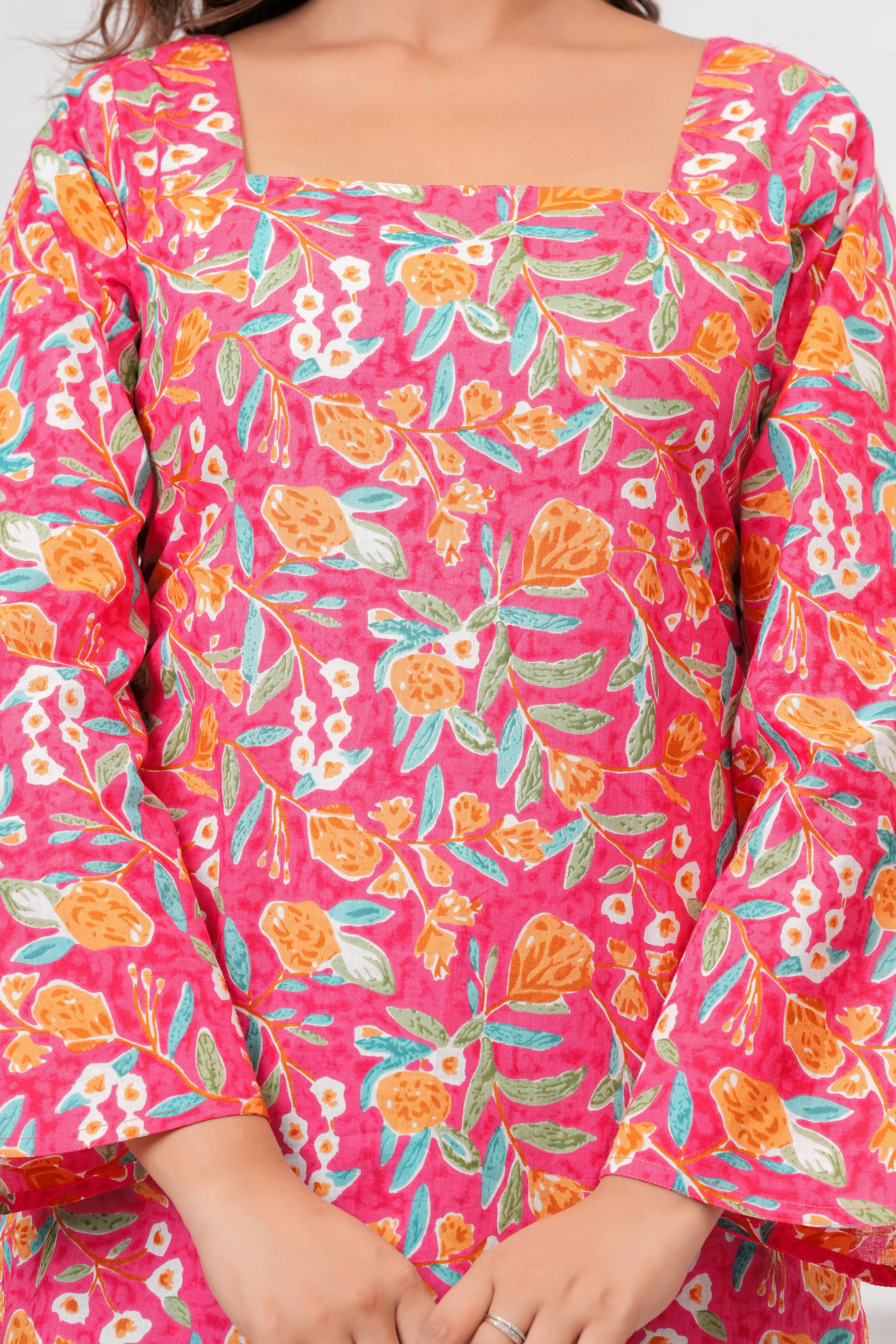 Jaipur Tales Women’s Rose Pink Floral Printed Lace-Back Kurti | Stylish Cotton Casual Kurti