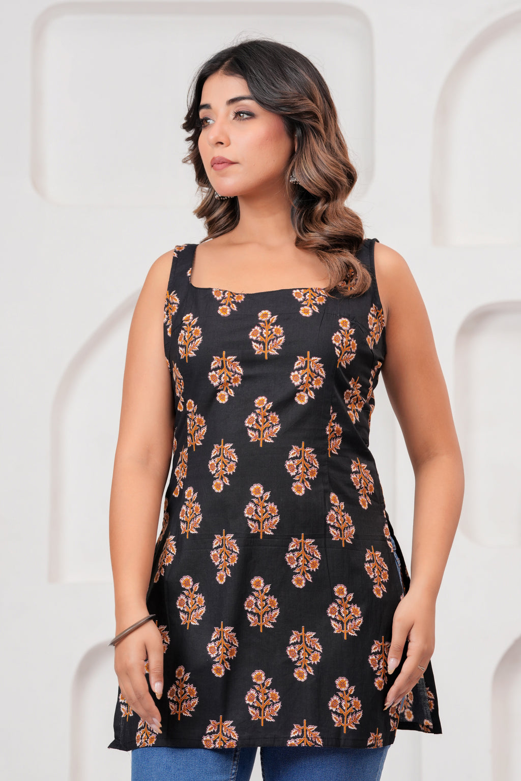 Jaipur Tales Women’s Black Printed Sleeveless Kurti | Stylish Cotton Ethnic Kurti