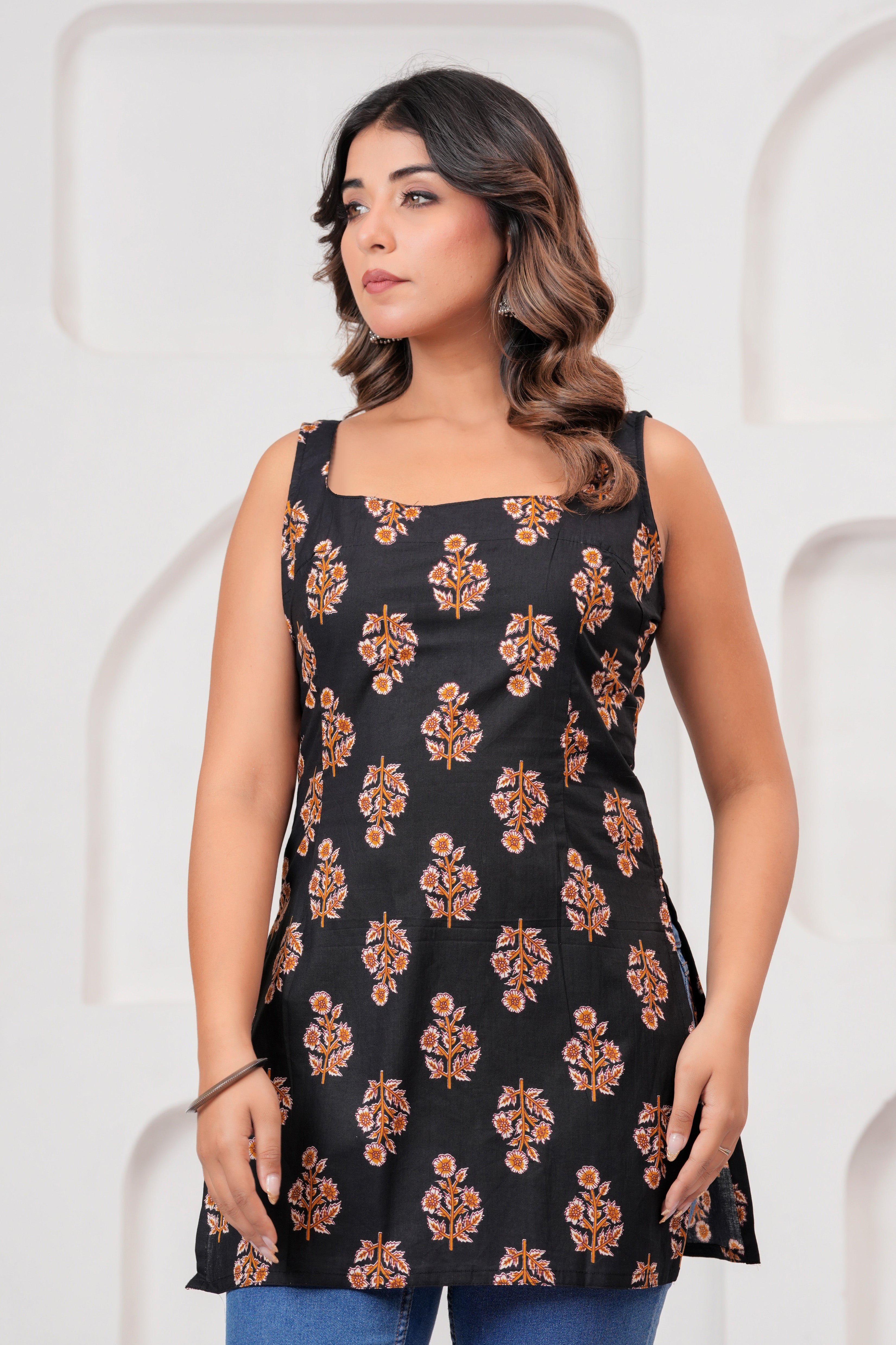 Jaipur Tales Women’s Black Printed Sleeveless Kurti | Stylish Cotton Ethnic Kurti