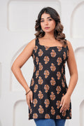Jaipur Tales Women’s Black Printed Sleeveless Kurti | Stylish Cotton Ethnic Kurti