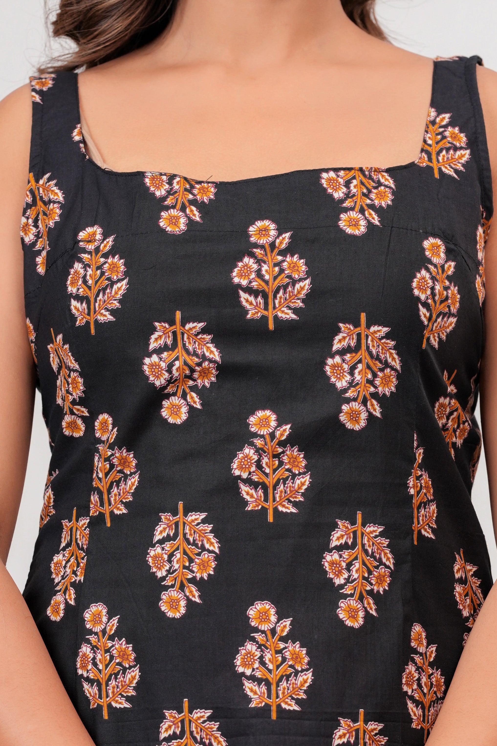 Jaipur Tales Women’s Black Printed Sleeveless Kurti | Stylish Cotton Ethnic Kurti