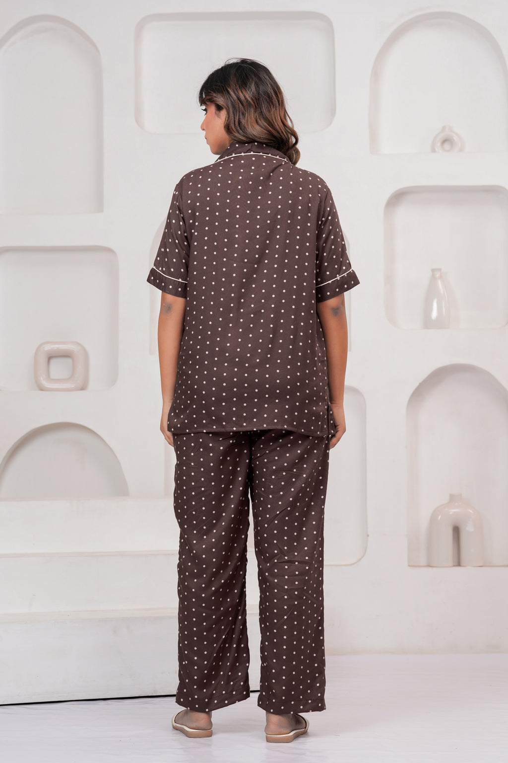 Jaipur Tales Women’s Brown Polka Dot Cotton Night Suit Set | Soft Button Down Sleepwear Co-Ord Set