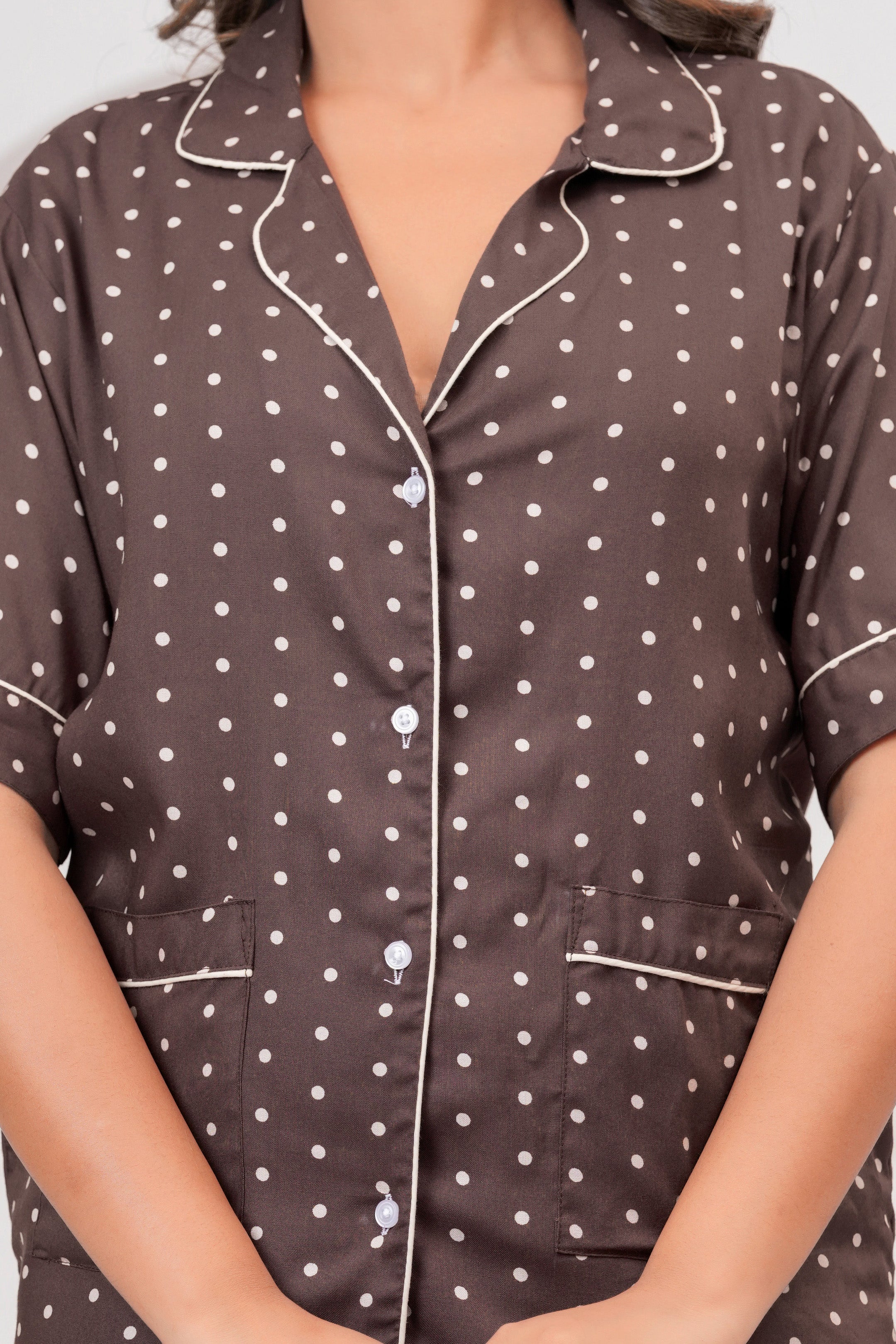 Jaipur Tales Women’s Brown Polka Dot Cotton Night Suit Set | Soft Button Down Sleepwear Co-Ord Set