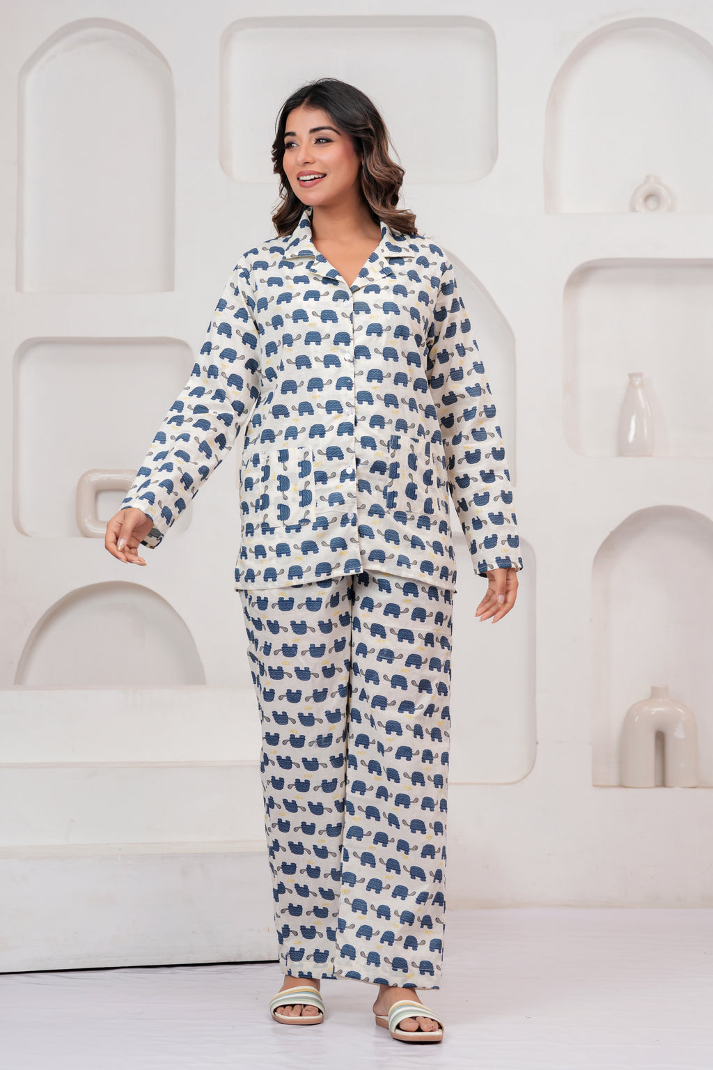 Jaipur Tales Women’s White Turtle Print Cotton Night Suit Set | Soft Button Down Sleepwear Co-Ord Set