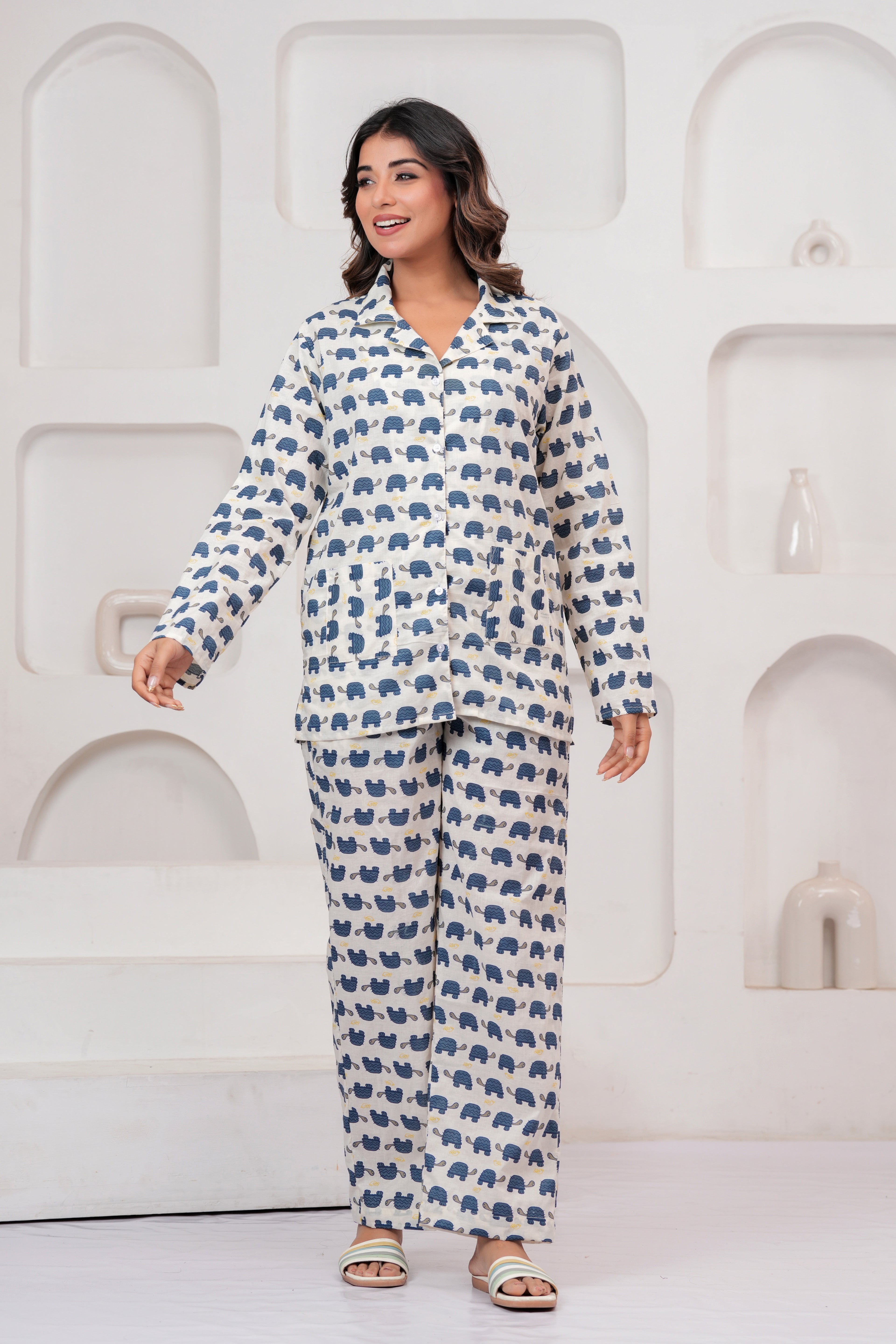 Jaipur Tales Women’s White Turtle Print Cotton Night Suit Set | Soft Button Down Sleepwear Co-Ord Set