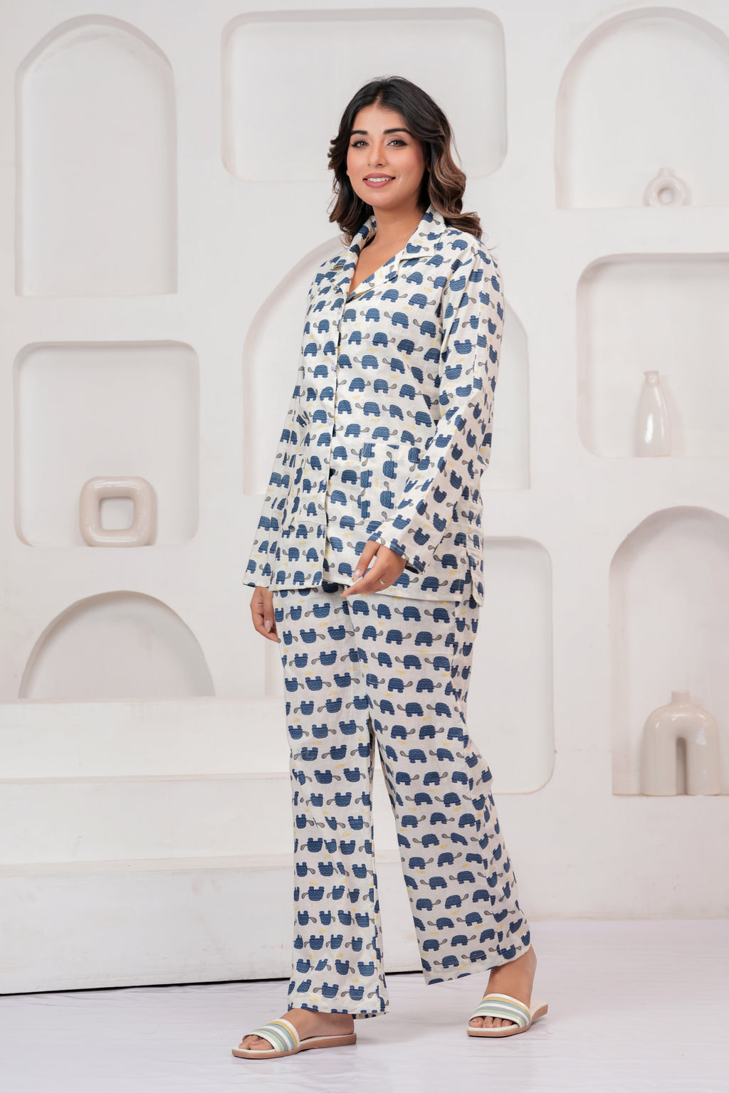 Jaipur Tales Women’s White Turtle Print Cotton Night Suit Set | Soft Button Down Sleepwear Co-Ord Set