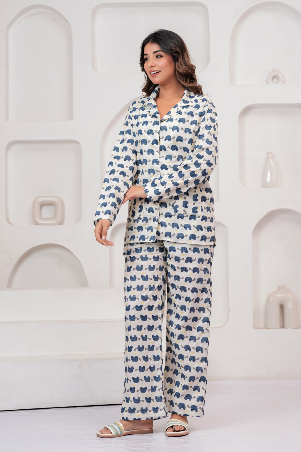Jaipur Tales Women’s White Turtle Print Cotton Night Suit Set | Soft Button Down Sleepwear Co-Ord Set