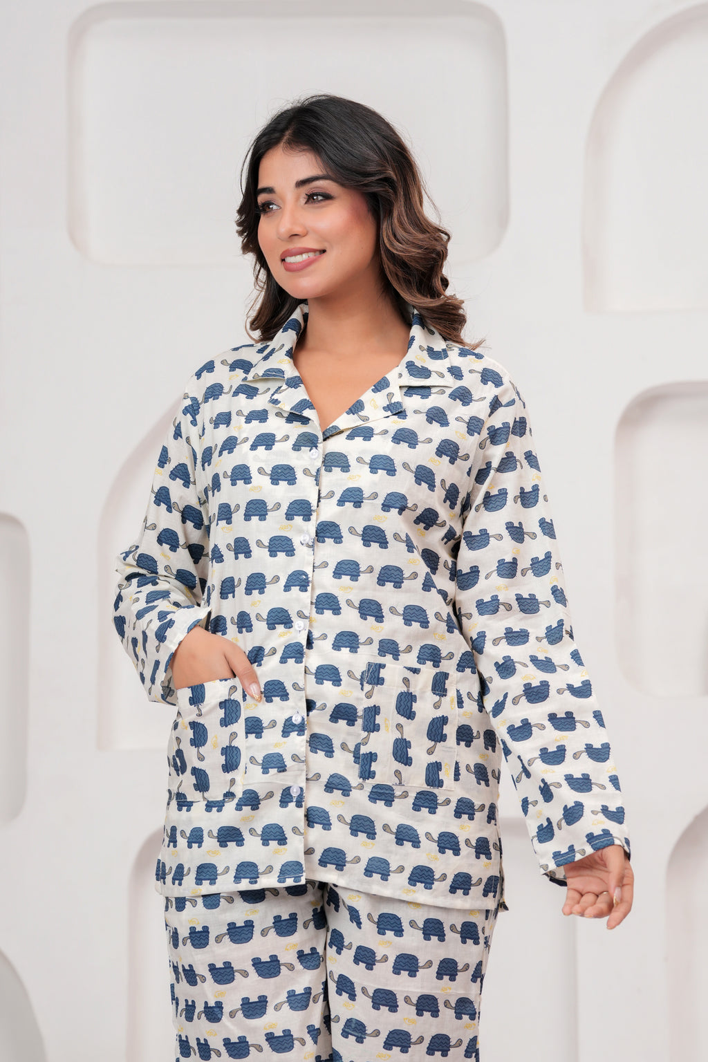Jaipur Tales Women’s White Turtle Print Cotton Night Suit Set | Soft Button Down Sleepwear Co-Ord Set