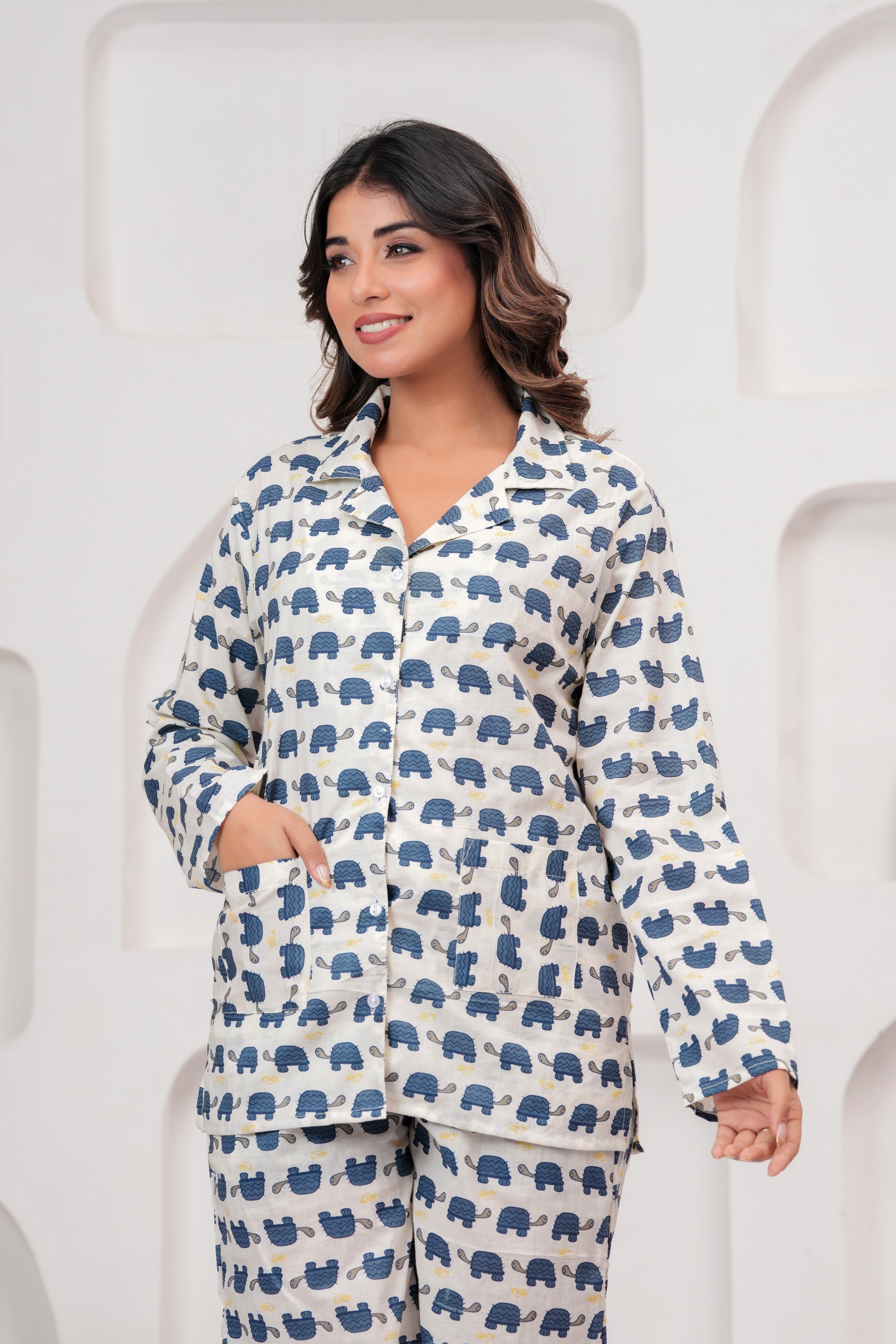 Jaipur Tales Women’s White Turtle Print Cotton Night Suit Set | Soft Button Down Sleepwear Co-Ord Set