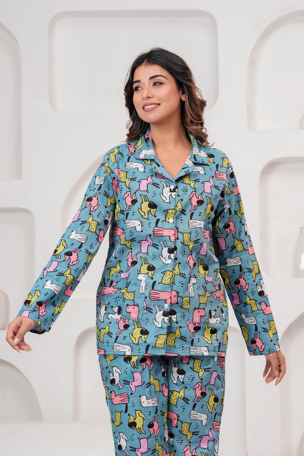 Jaipur Tales Women’s Blue Printed Cotton Night Suit Set | Cute Animal Print Lounge Wear Co-Ord Set