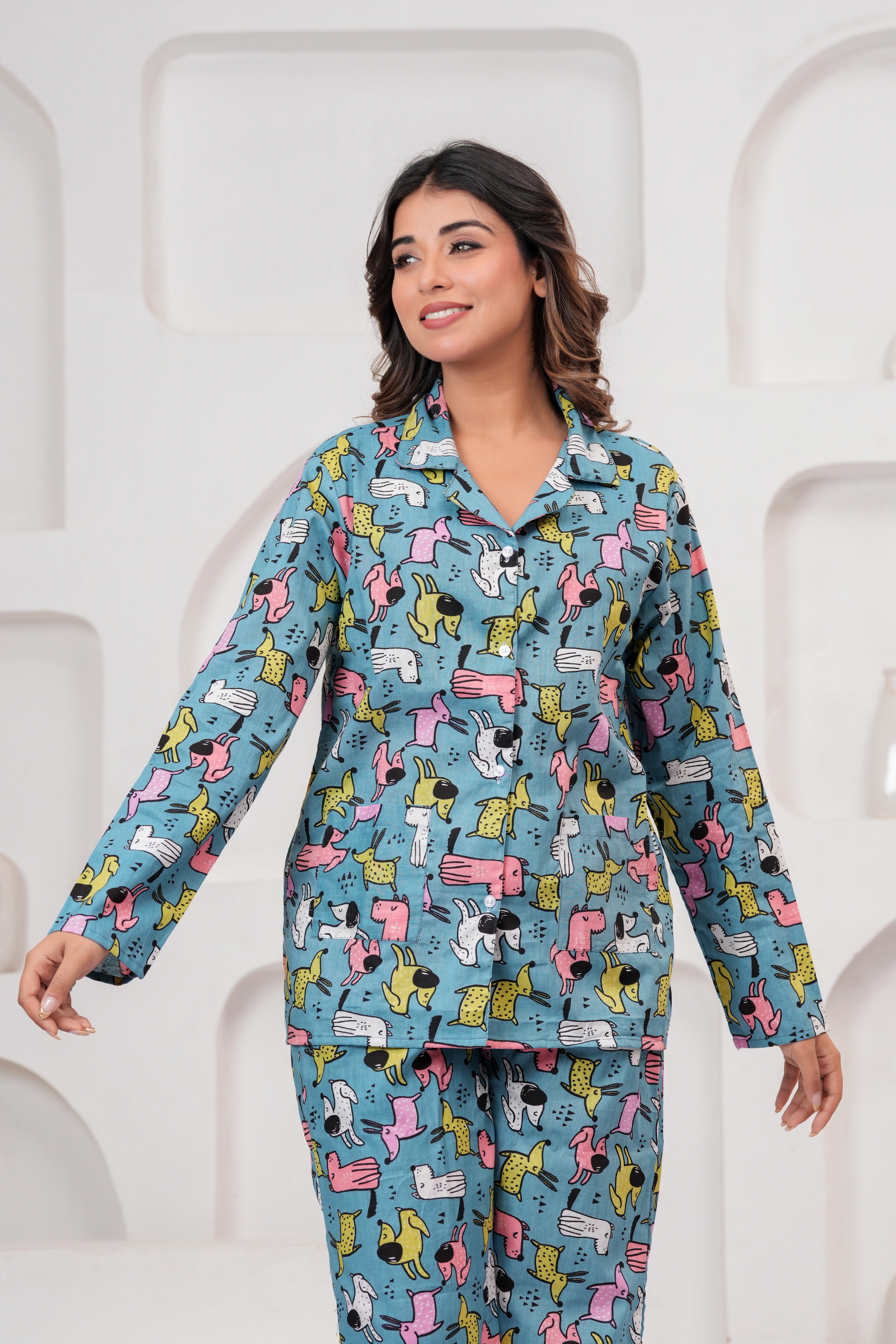 Jaipur Tales Women’s Blue Printed Cotton Night Suit Set | Cute Animal Print Lounge Wear Co-Ord Set