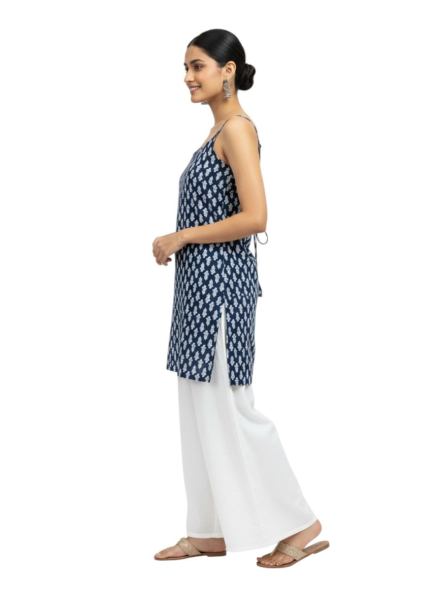Navy Blue Handblock-Style Strappy Kurti
