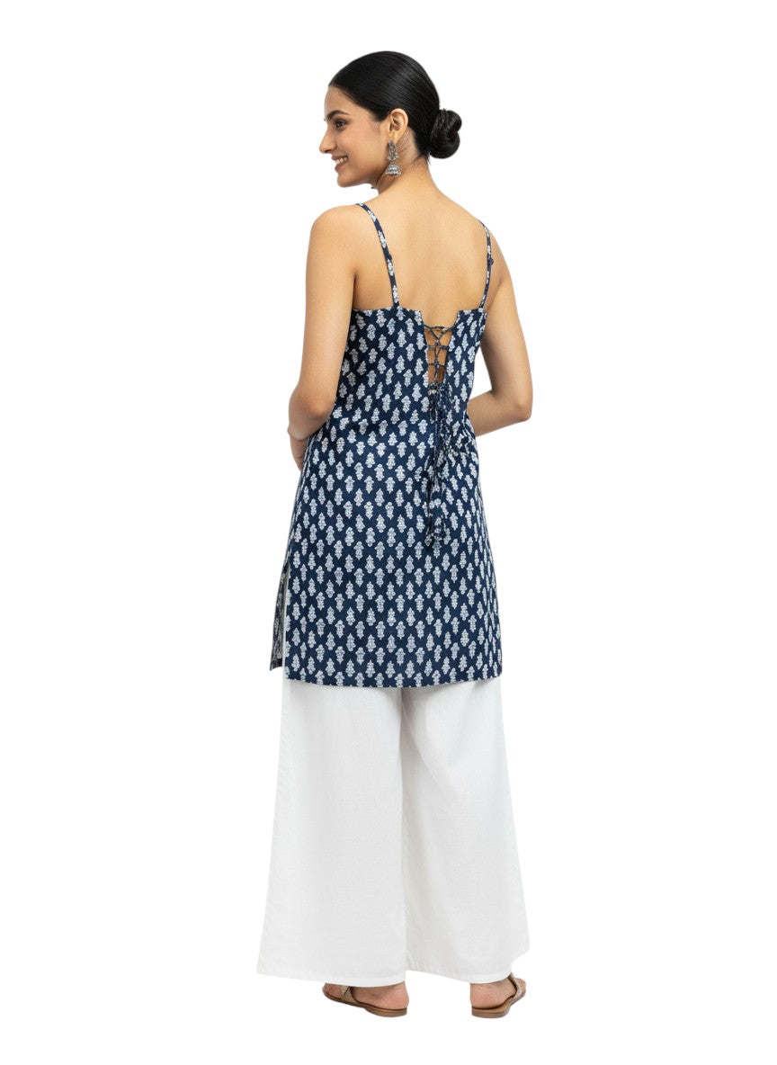 Navy Blue Handblock-Style Strappy Kurti