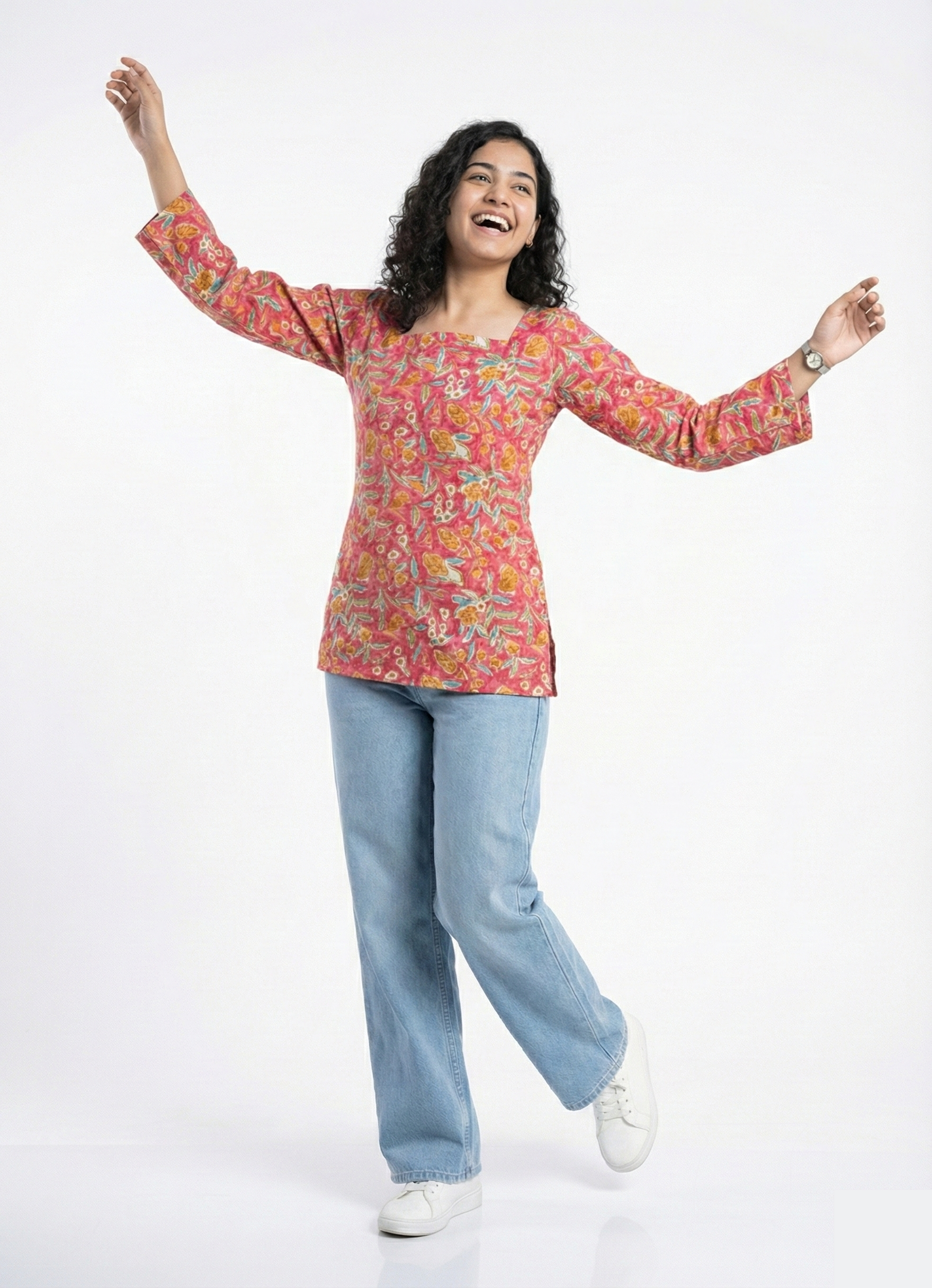 Square Neck Kurti Top (Pink)