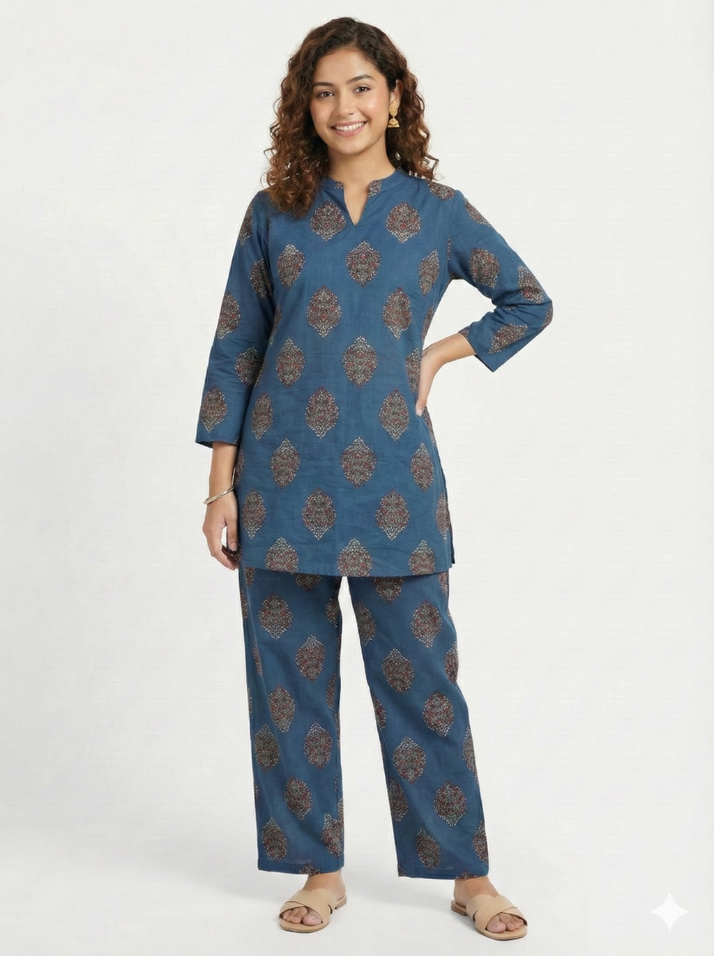 Jaipur Tales Women’s Indigo Printed Cotton Lounge Co-ord Set | Ethnic Night Suit with Kurta & Pants