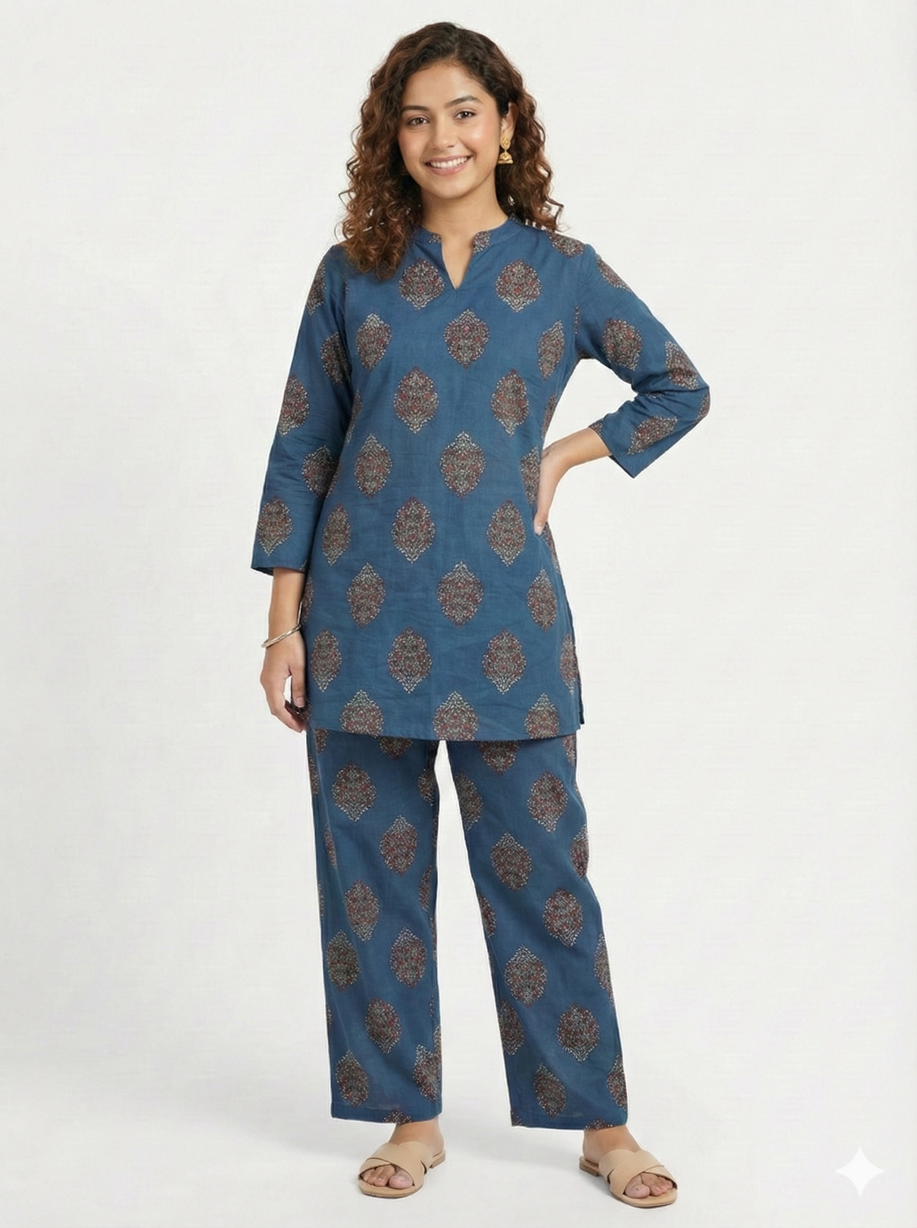 Jaipur Tales Women’s Indigo Printed Cotton Lounge Co-ord Set | Ethnic Night Suit with Kurta & Pants
